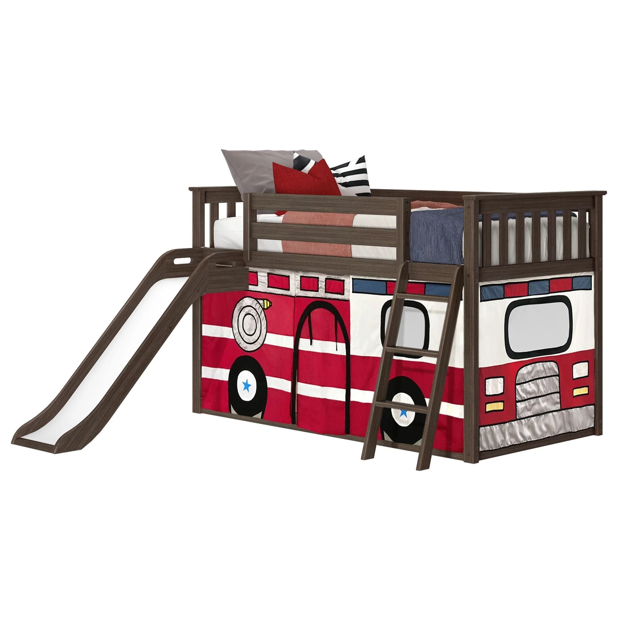 Twin Over Twin Low Bunk Bed with Slide & Firetruck Curtain - Image 5