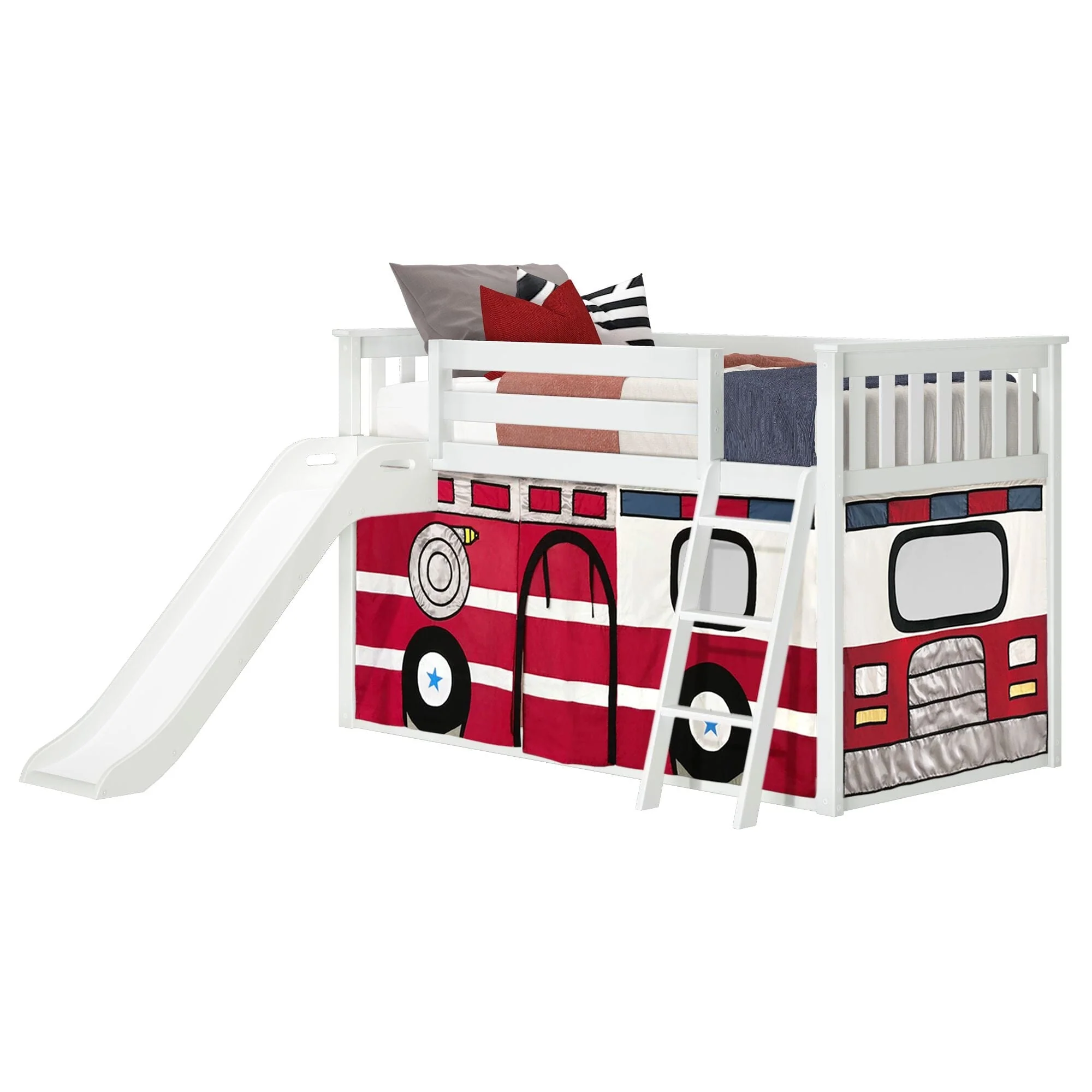 Twin Over Twin Low Bunk Bed with Slide & Firetruck Curtain - Image 6