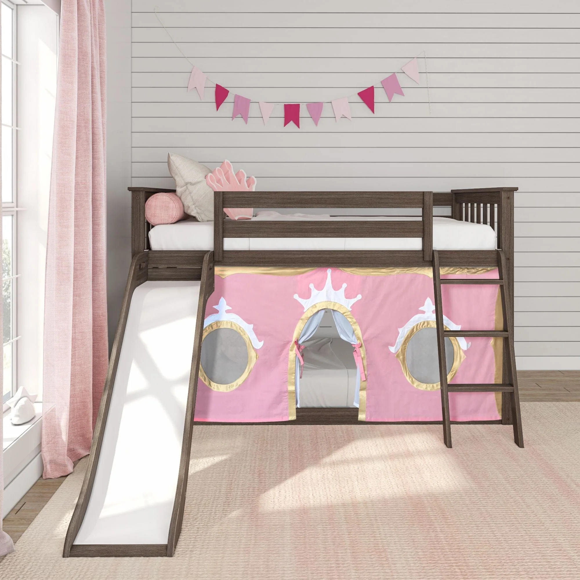 Twin Over Twin Low Bunk Bed with Slide & Princess Curtain - Image 4