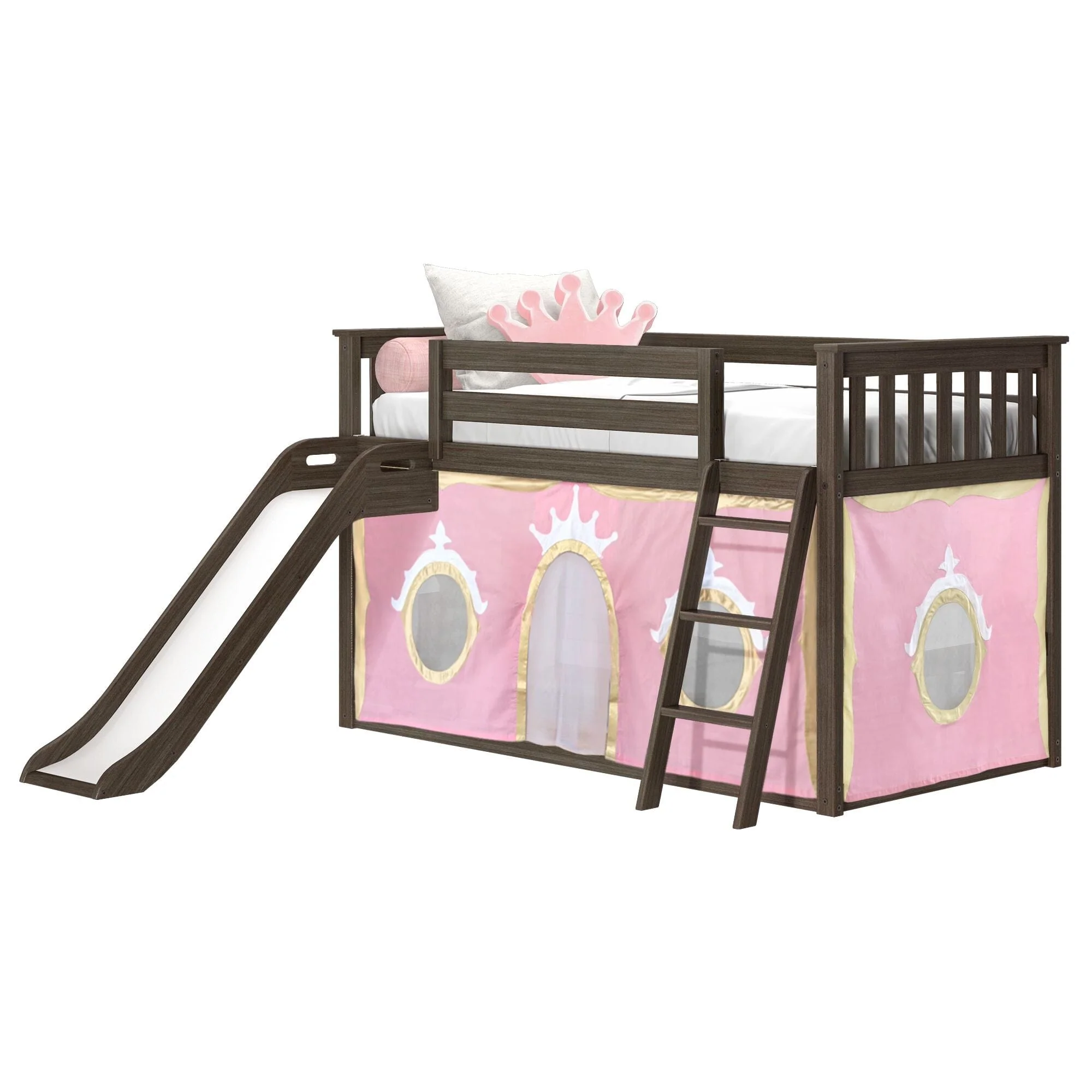 Twin Over Twin Low Bunk Bed with Slide & Princess Curtain - Image 6