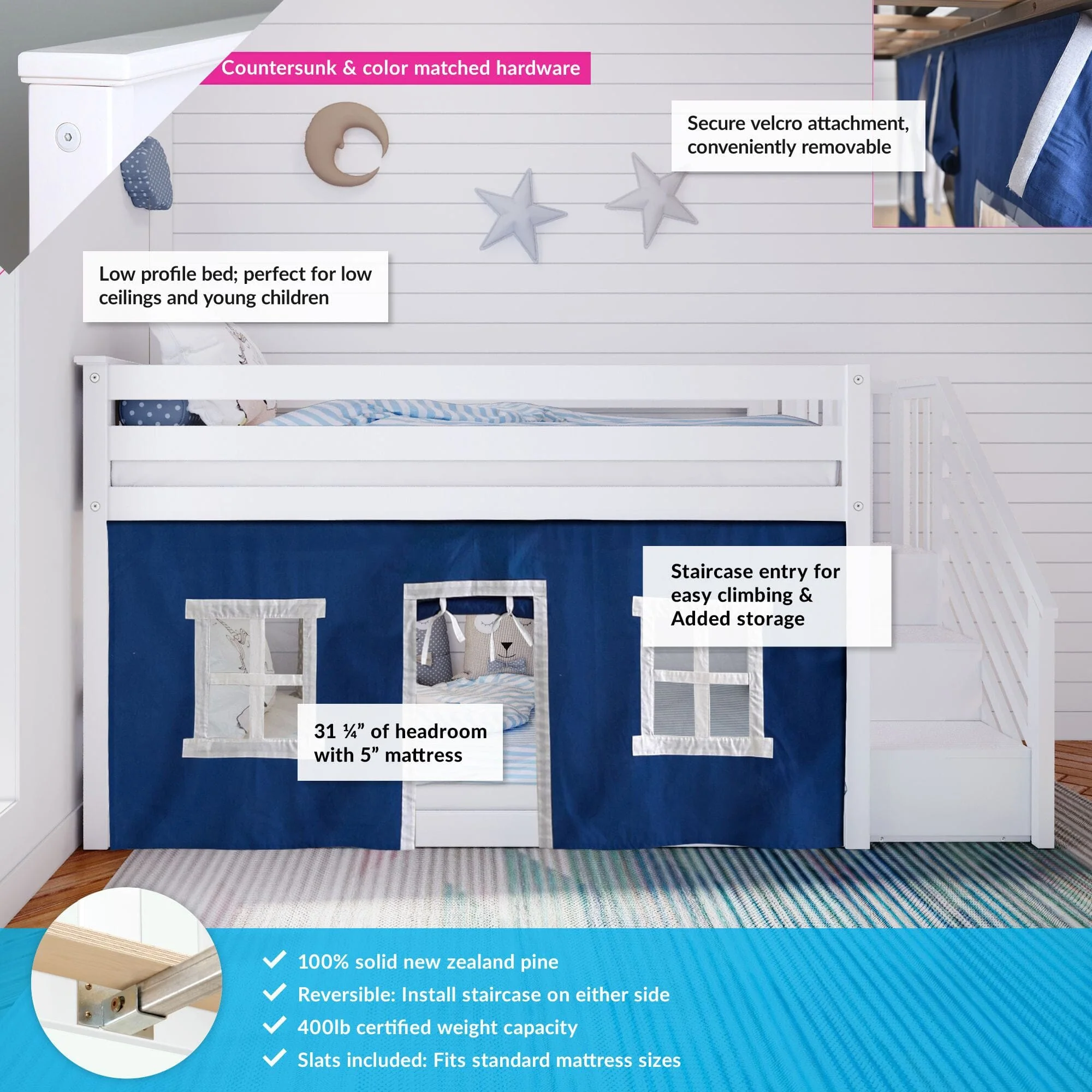 Twin Over Twin Low Bunk Bed With Staircase & Curtains - Image 10