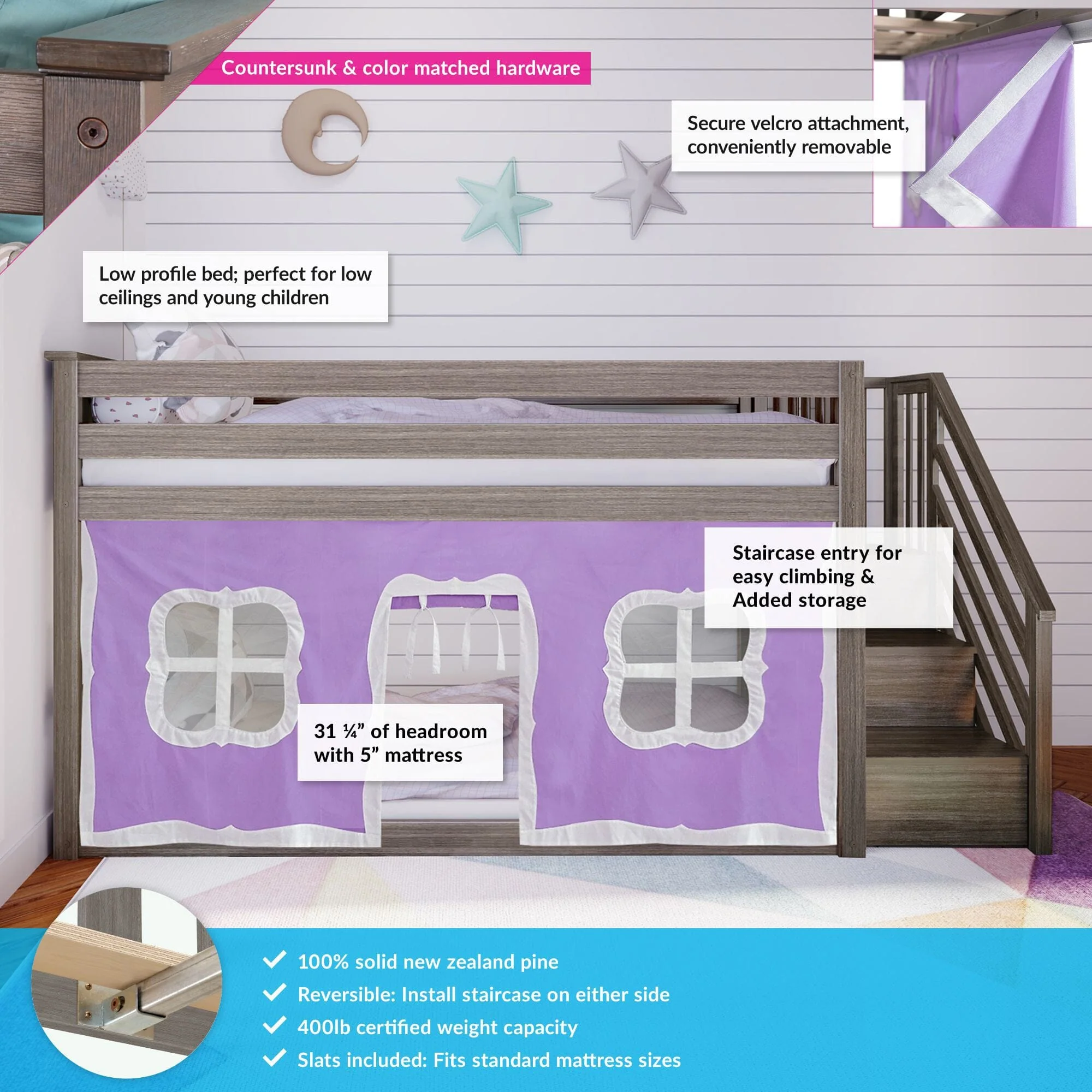 Twin Over Twin Low Bunk Bed With Staircase & Curtains - Image 16