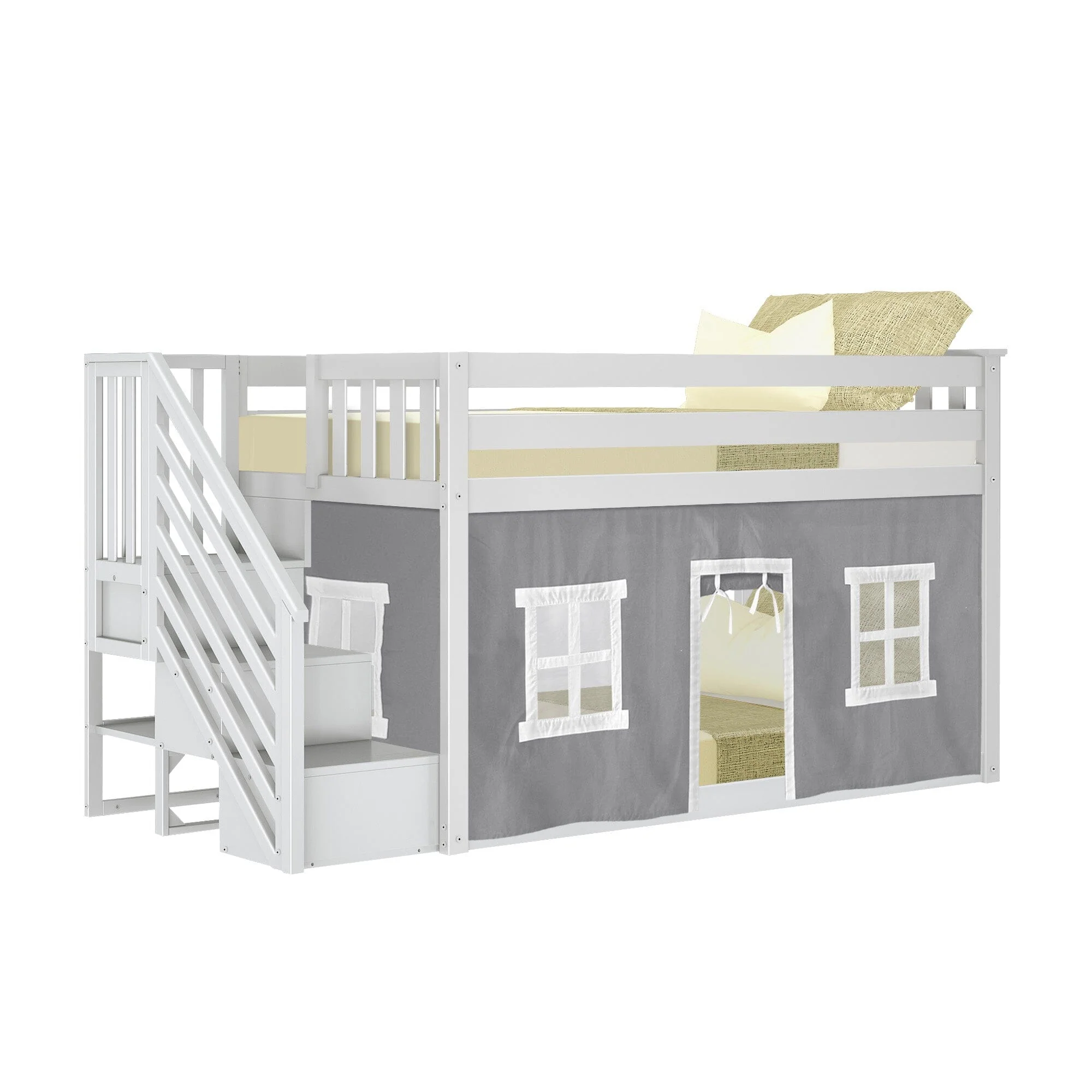 Twin Over Twin Low Bunk Bed With Staircase & Curtains - Image 21