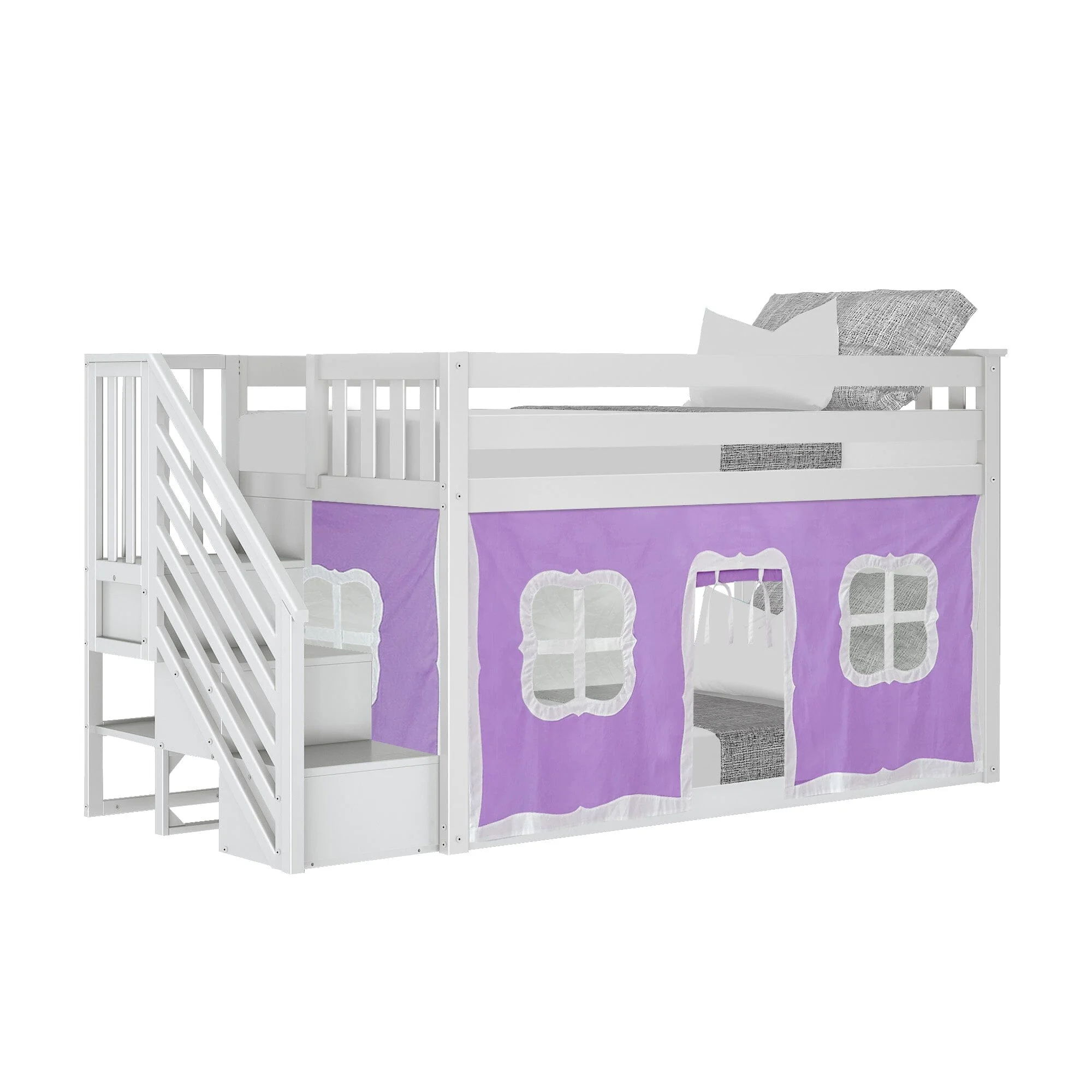 Twin Over Twin Low Bunk Bed With Staircase & Curtains - Image 22
