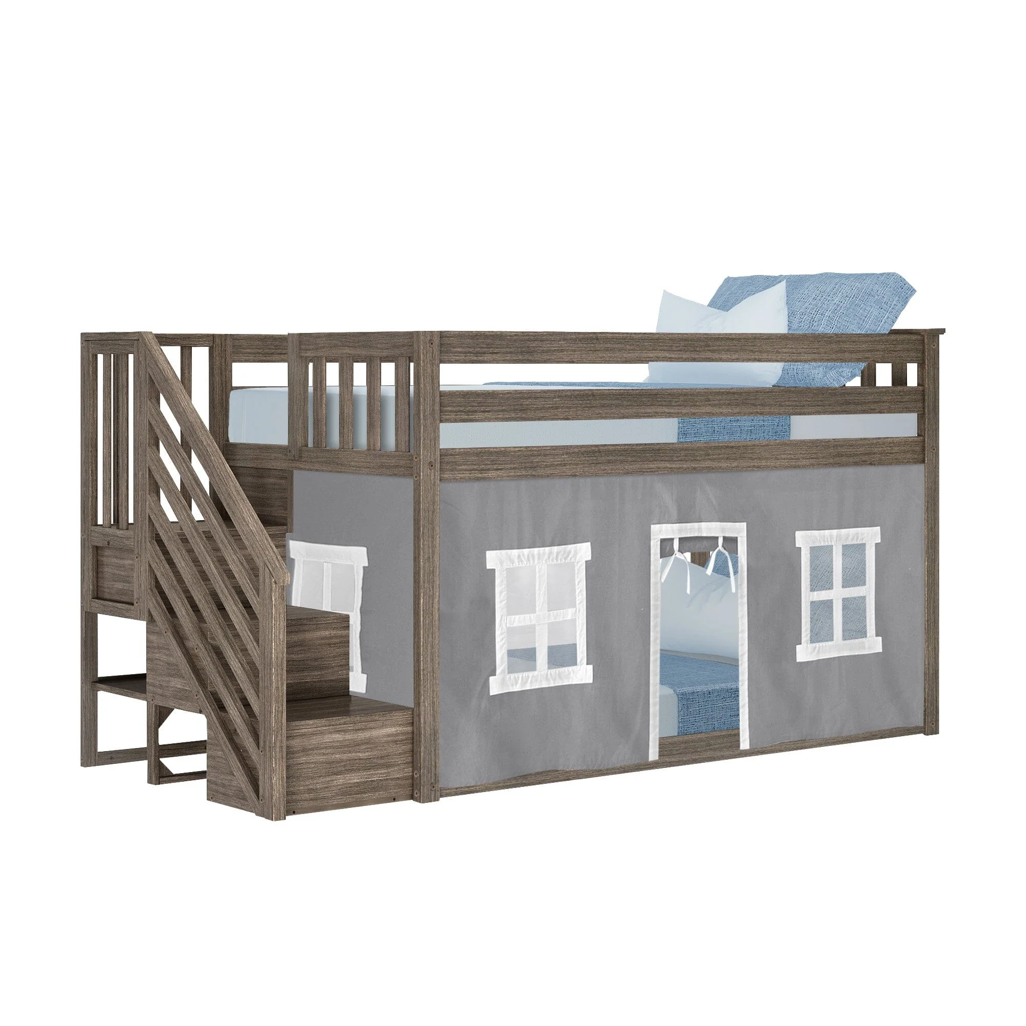 Twin Over Twin Low Bunk Bed With Staircase & Curtains - Image 23