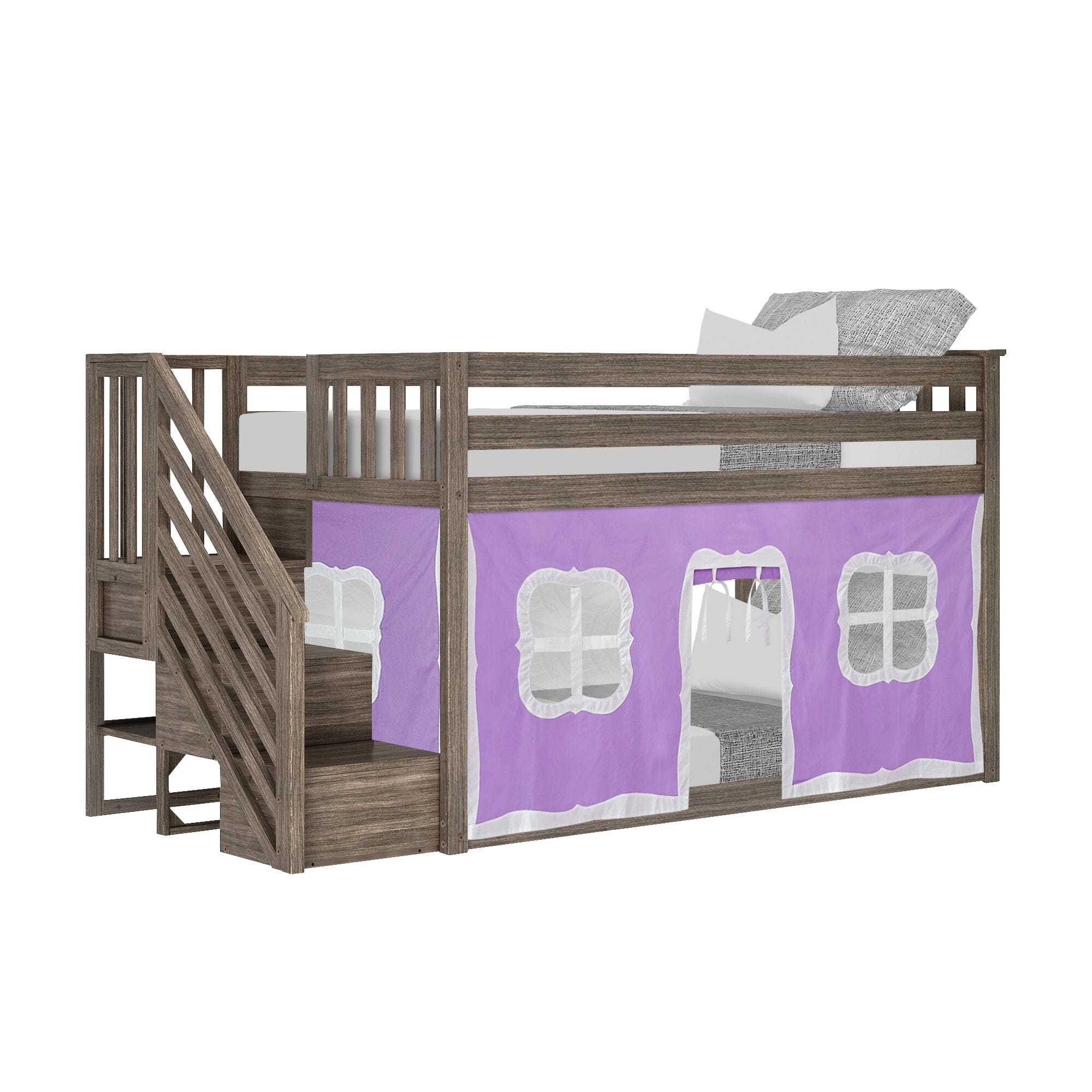 Twin Over Twin Low Bunk Bed With Staircase & Curtains - Image 24