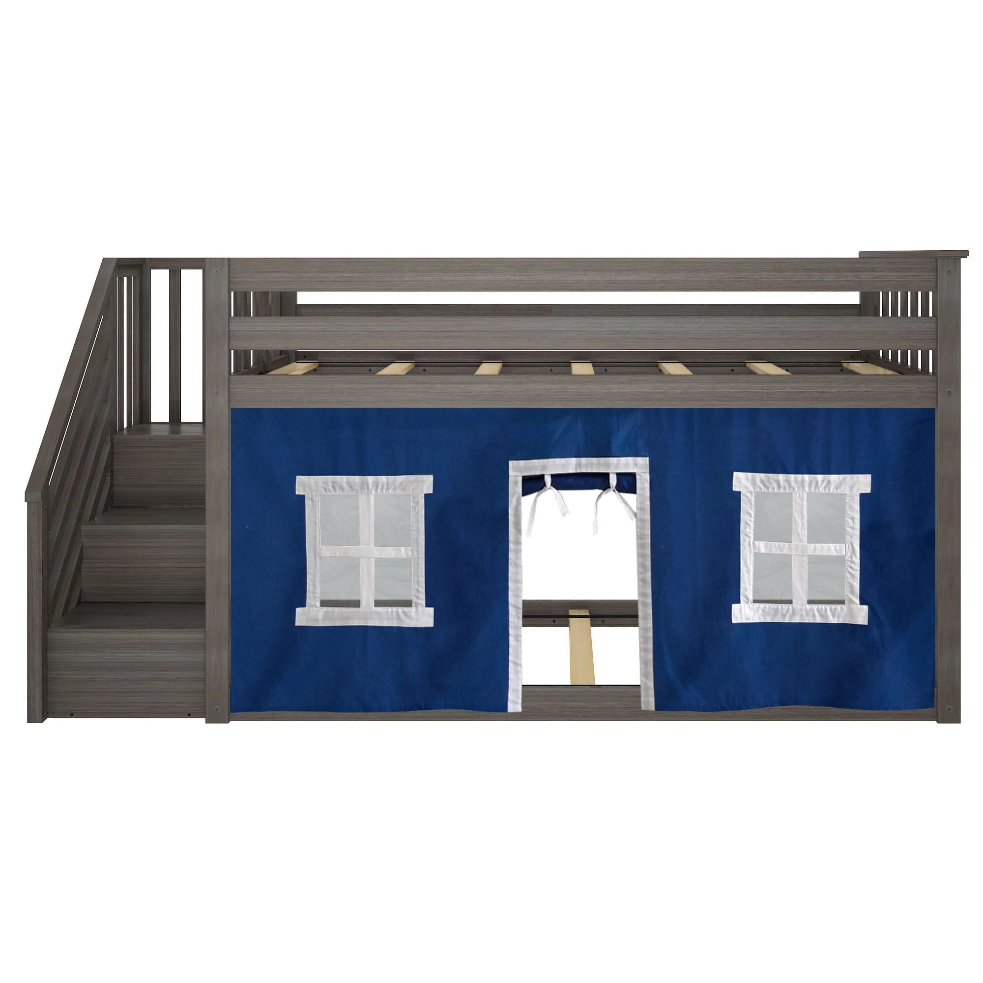 Twin Over Twin Low Bunk Bed With Staircase & Curtains - Image 25