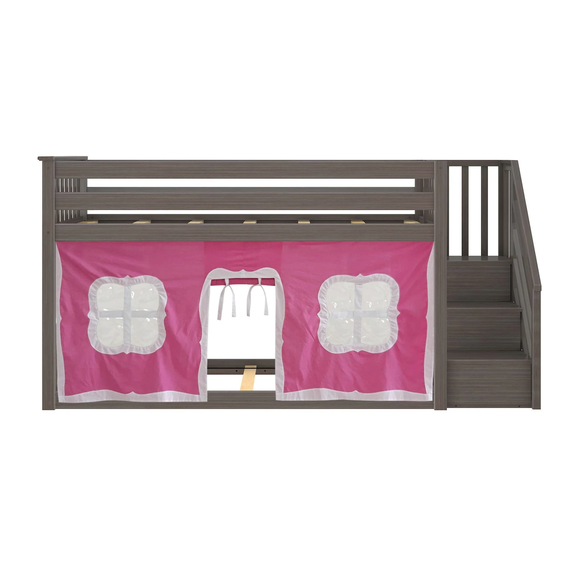 Twin Over Twin Low Bunk Bed With Staircase & Curtains - Image 28