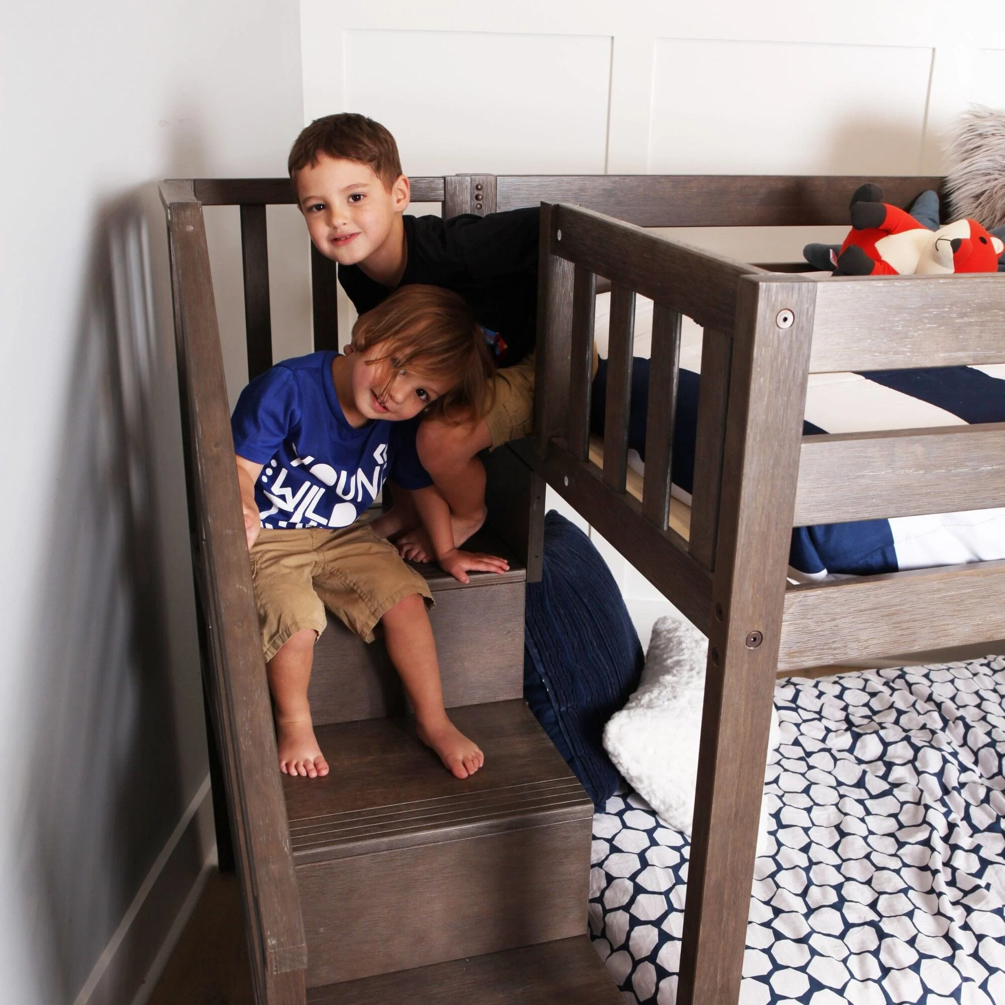 Twin Over Twin Low Bunk Bed With Staircase & Curtains - Image 39