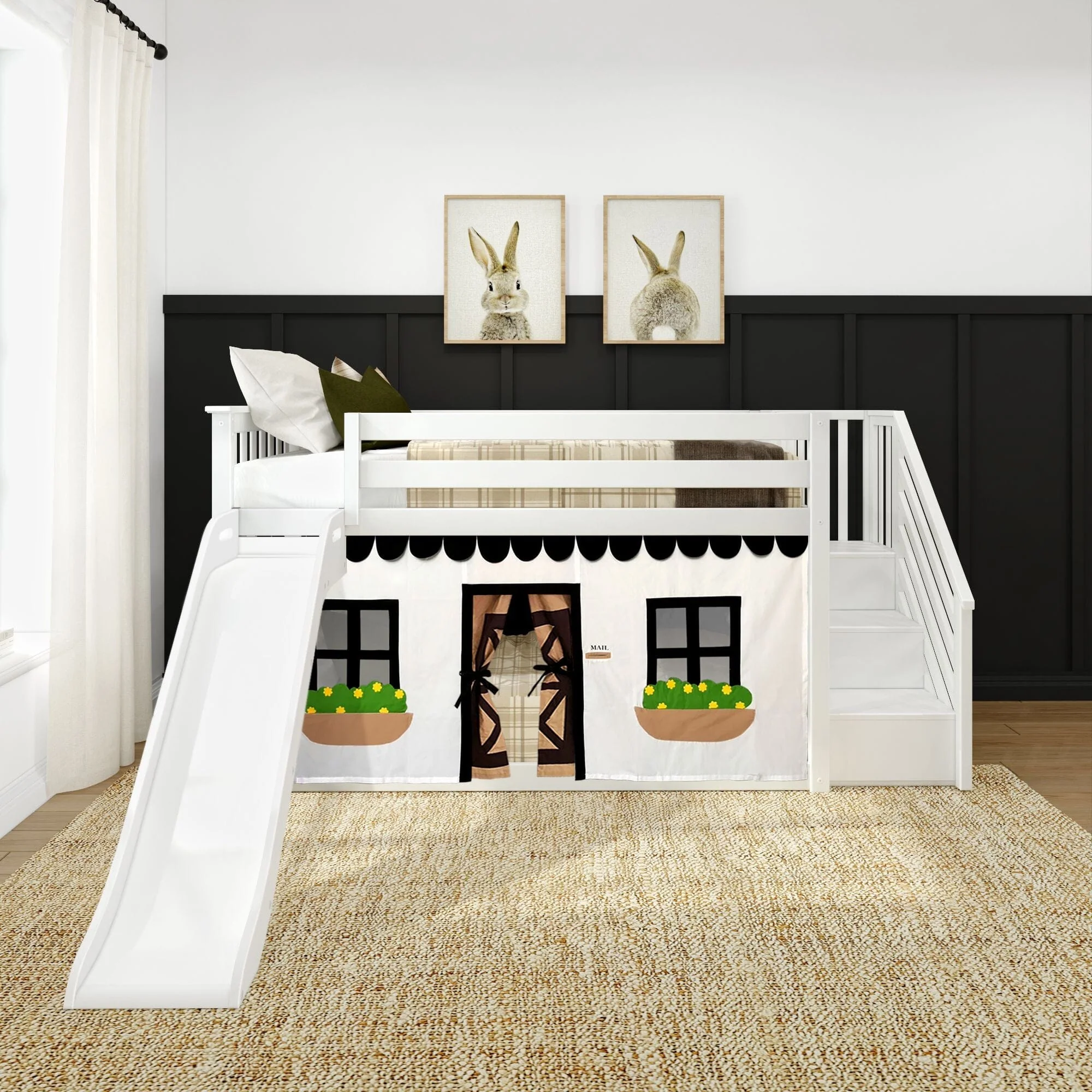 Twin Over Twin Low Bunk Bed with Stairs, Slide, & Black & White Farmhouse Curtain - Image 3