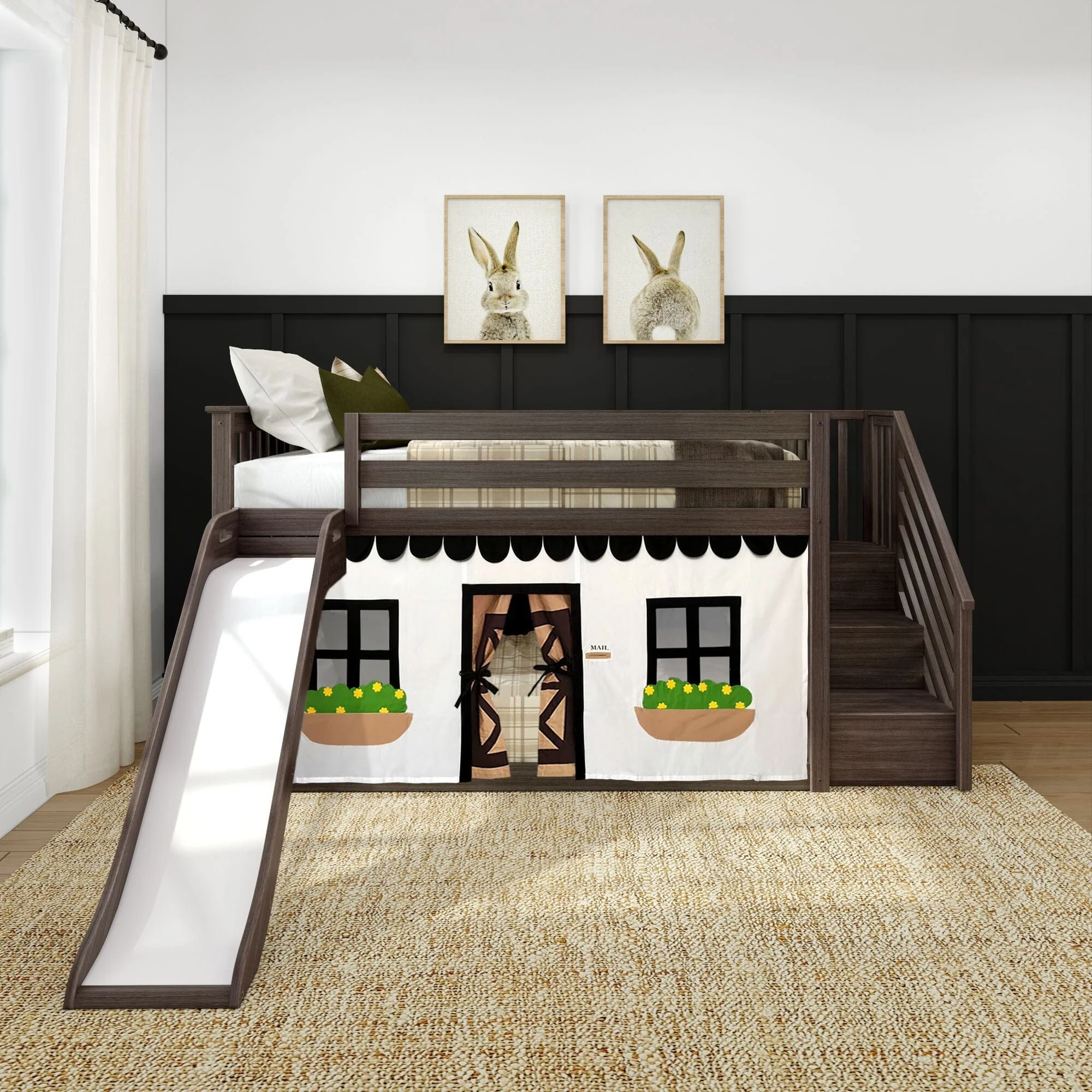 Twin Over Twin Low Bunk Bed with Stairs, Slide, & Black & White Farmhouse Curtain - Image 4