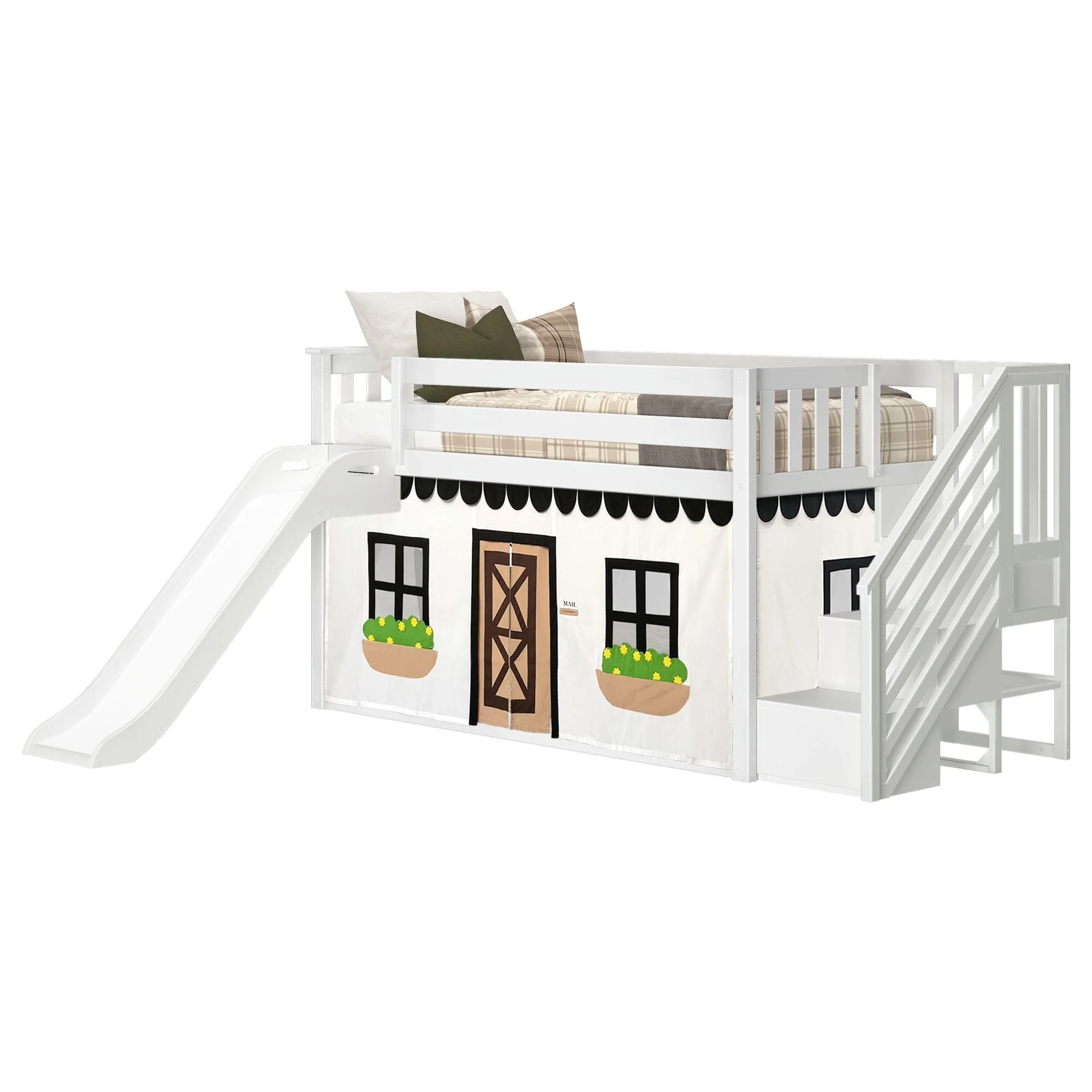 Twin Over Twin Low Bunk Bed with Stairs, Slide, & Black & White Farmhouse Curtain - Image 5