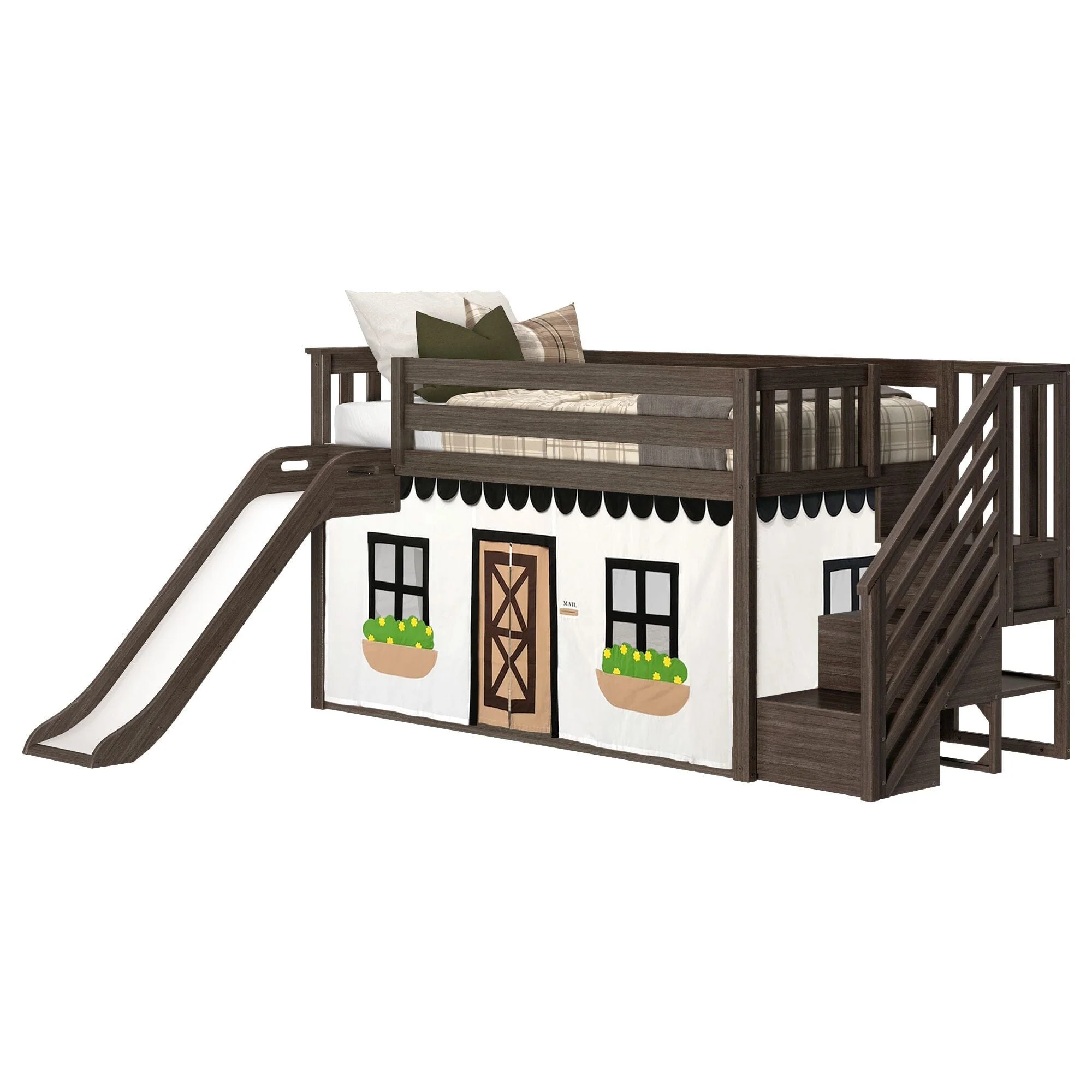 Twin Over Twin Low Bunk Bed with Stairs, Slide, & Black & White Farmhouse Curtain - Image 6
