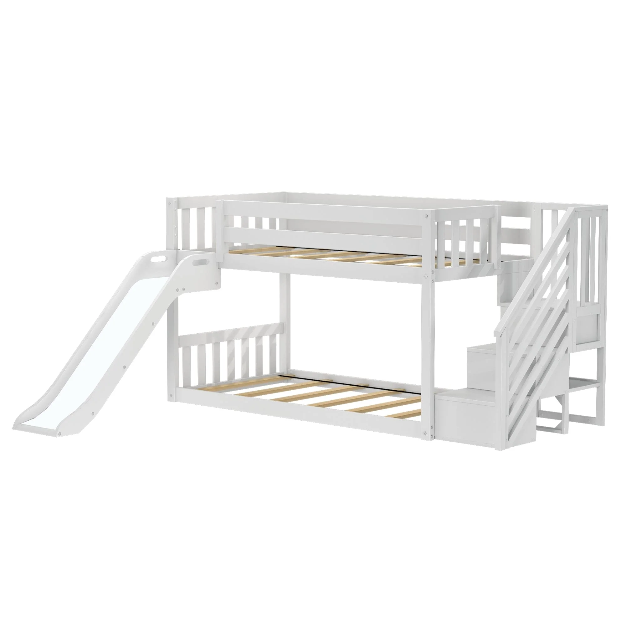 Twin Over Twin Low Bunk Bed with Stairs, Slide, & Black & White Farmhouse Curtain - Image 7