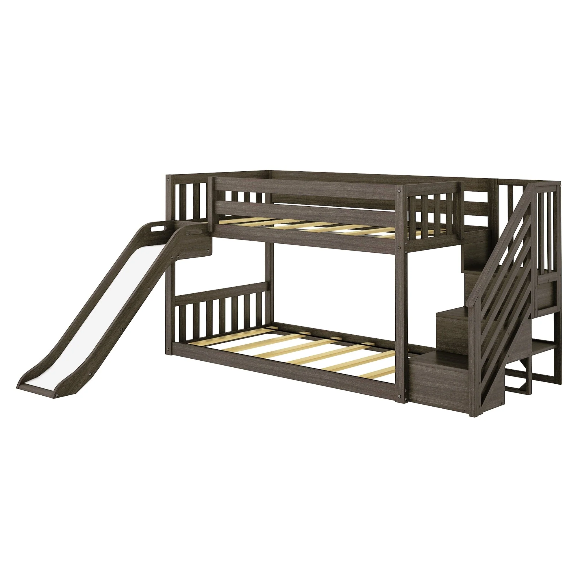 Twin Over Twin Low Bunk Bed with Stairs, Slide, & Black & White Farmhouse Curtain - Image 8
