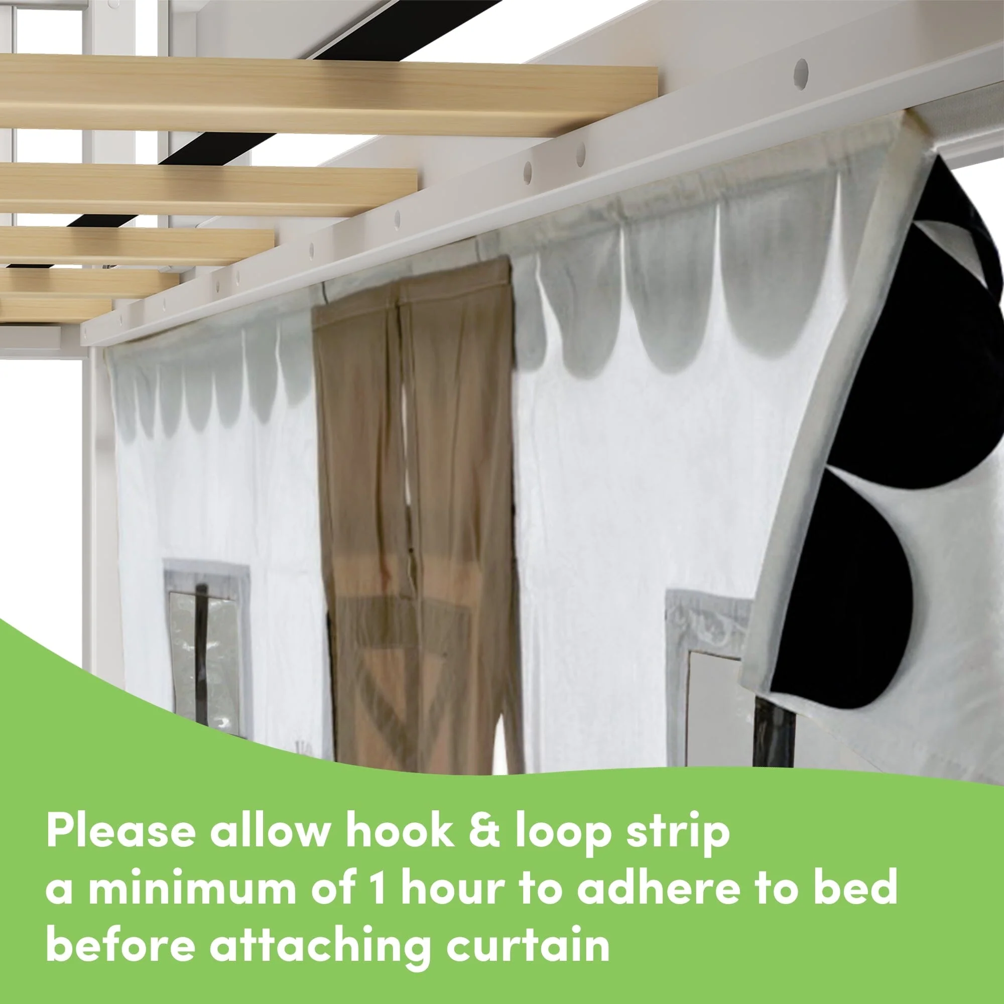 Twin Over Twin Low Bunk Bed with Stairs, Slide, & Black & White Farmhouse Curtain - Image 9
