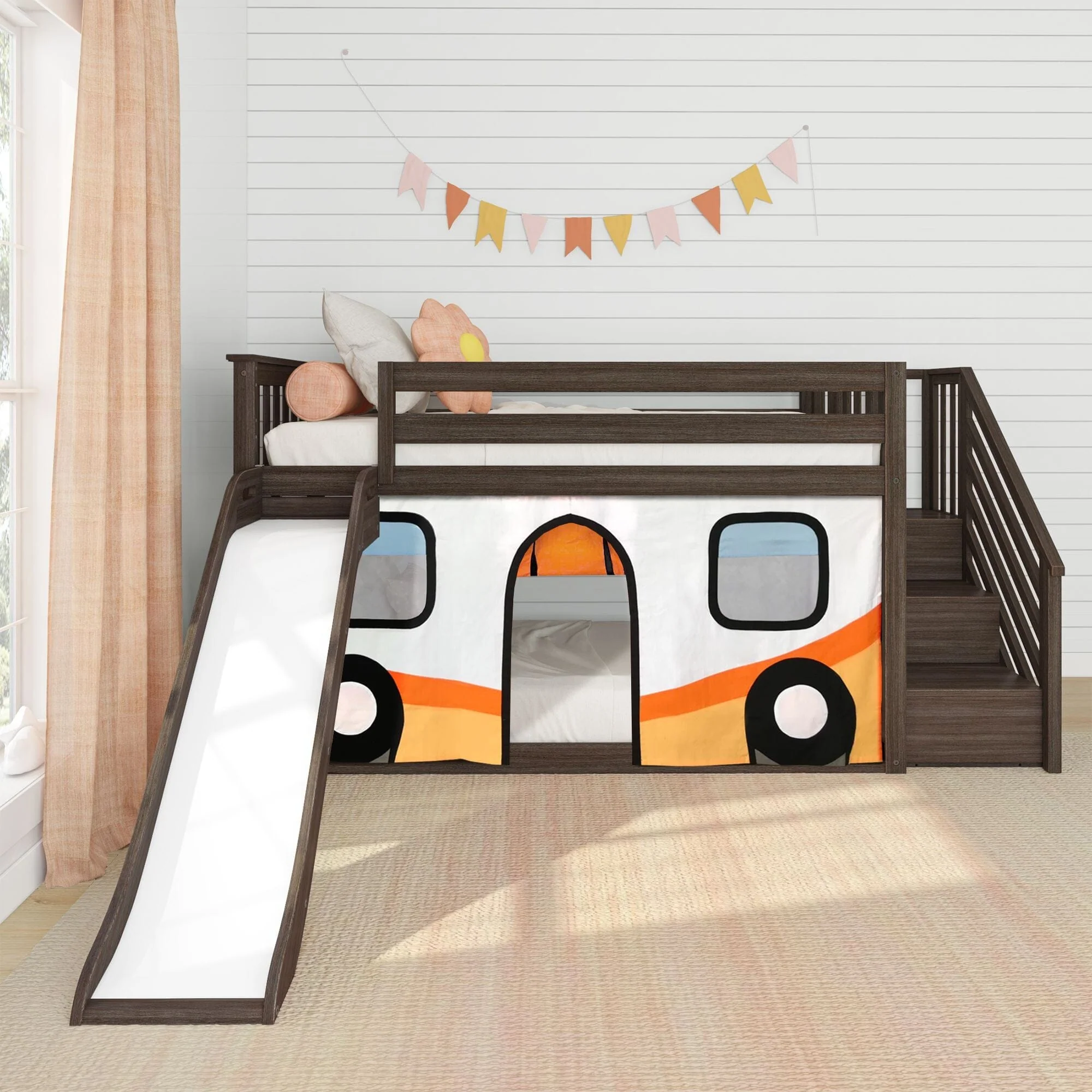 Twin Over Twin Low Bunk Bed with Stairs, Slide, & Camper Van Curtain - Image 4