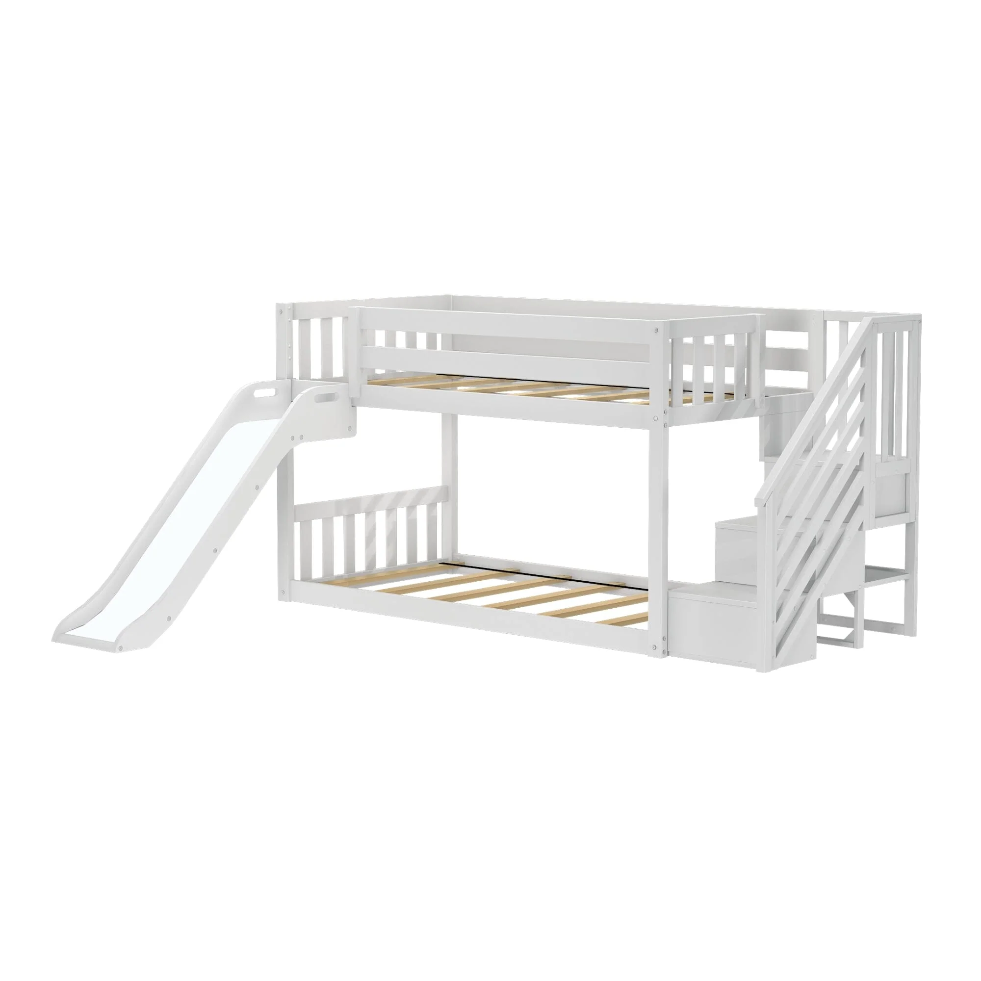Twin Over Twin Low Bunk Bed with Stairs, Slide, & Camper Van Curtain - Image 7
