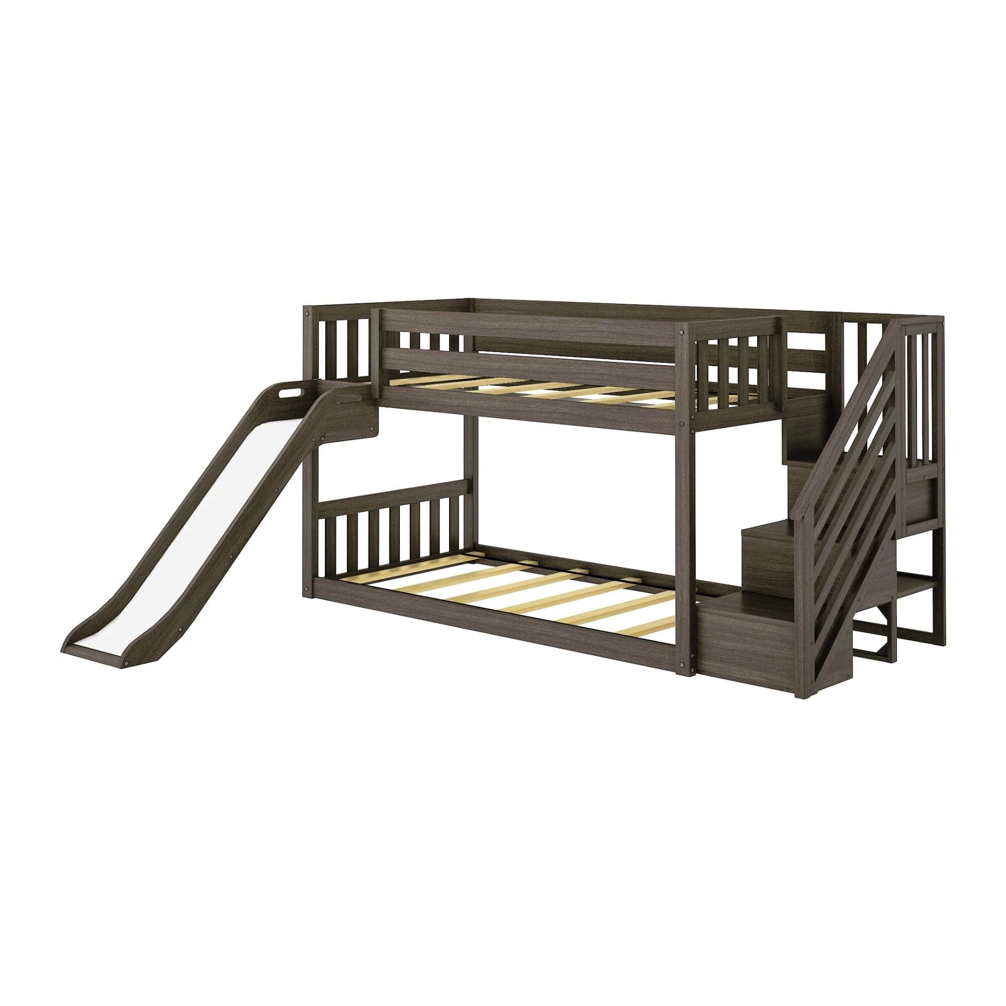 Twin Over Twin Low Bunk Bed with Stairs, Slide, & Camper Van Curtain - Image 8