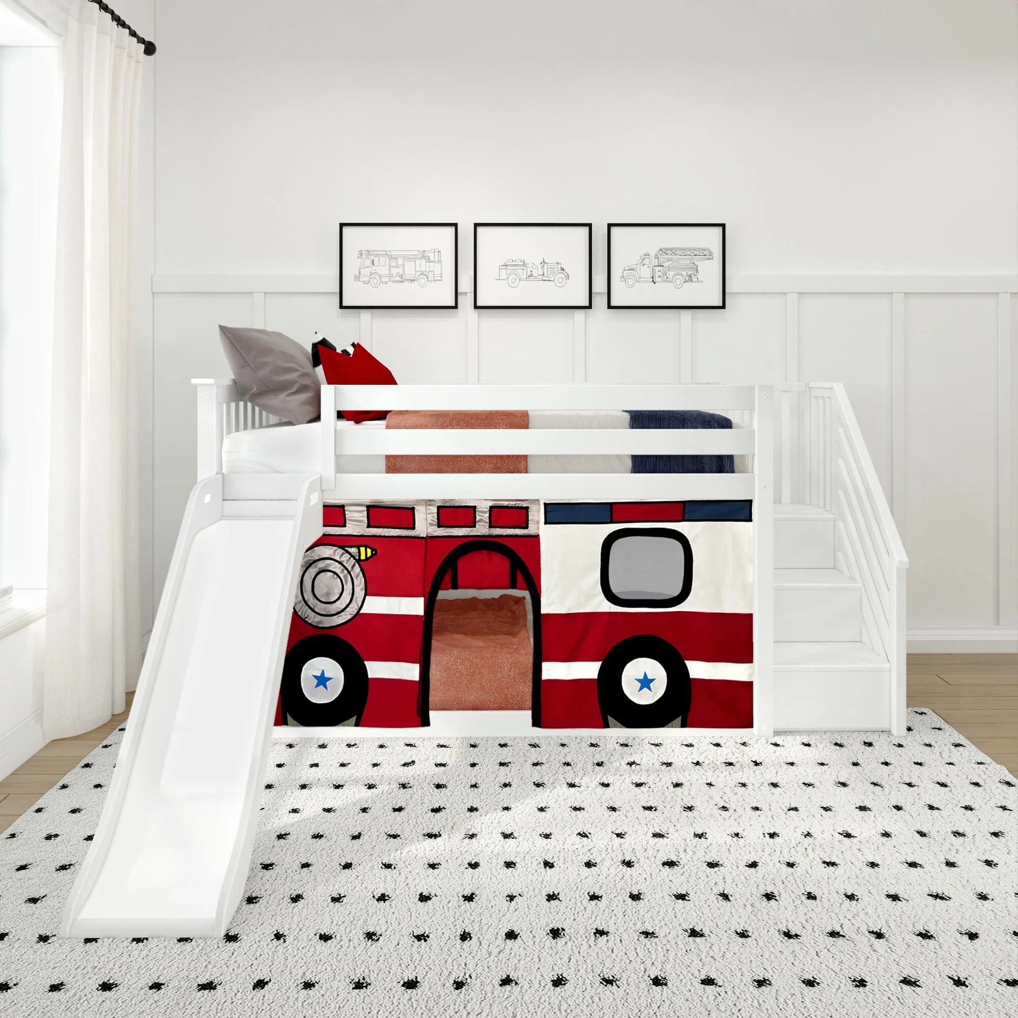 Twin Over Twin Low Bunk Bed with Stairs, Slide, & Firetruck Curtain - Image 3