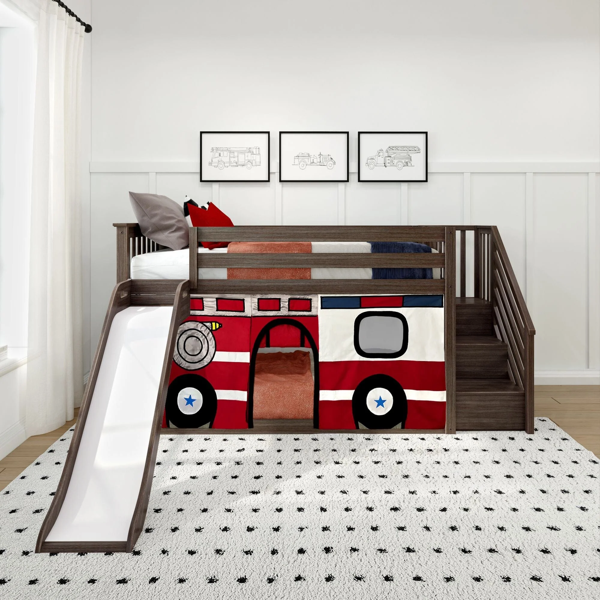 Twin Over Twin Low Bunk Bed with Stairs, Slide, & Firetruck Curtain - Image 4