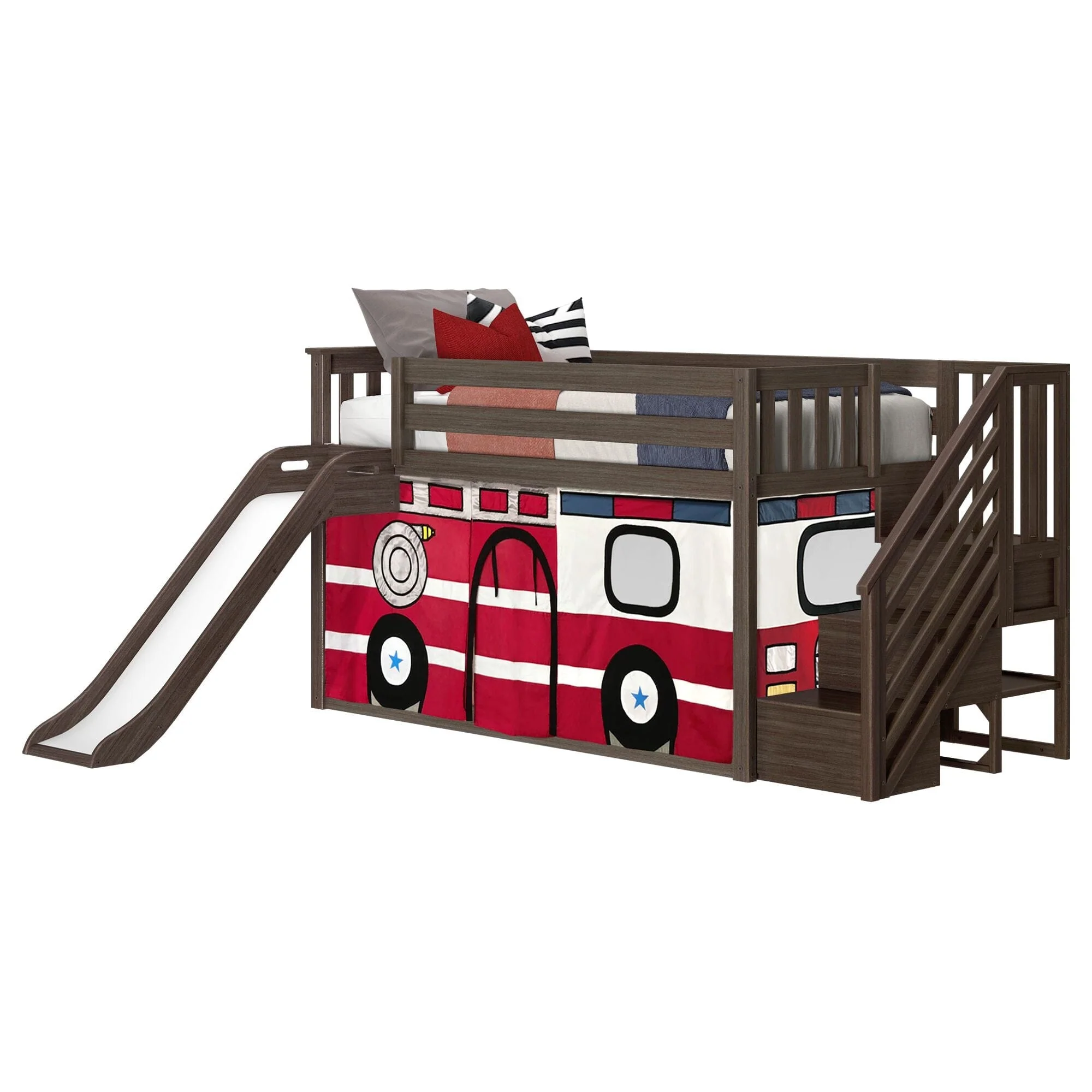 Twin Over Twin Low Bunk Bed with Stairs, Slide, & Firetruck Curtain - Image 6