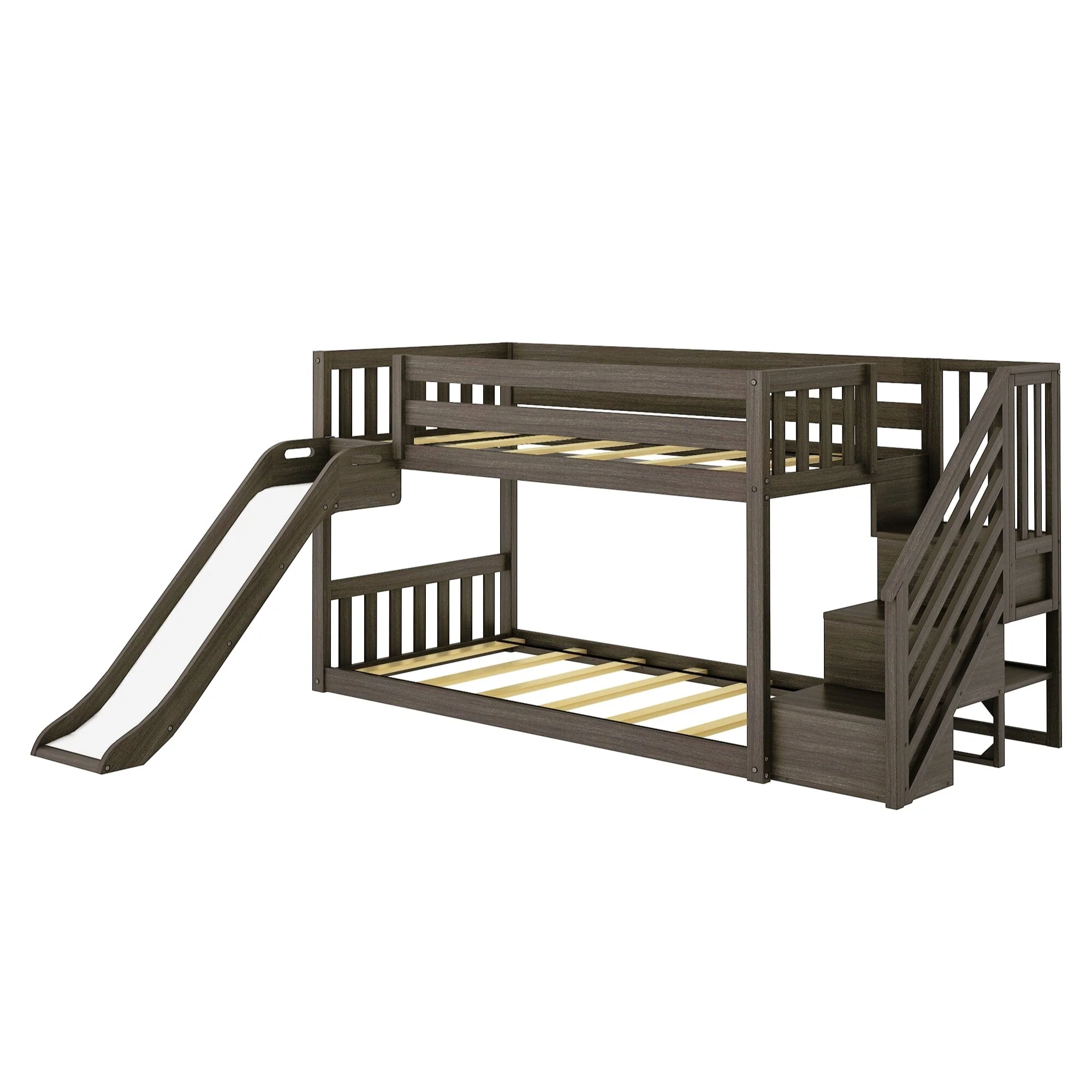 Twin Over Twin Low Bunk Bed with Stairs, Slide, & Firetruck Curtain - Image 8
