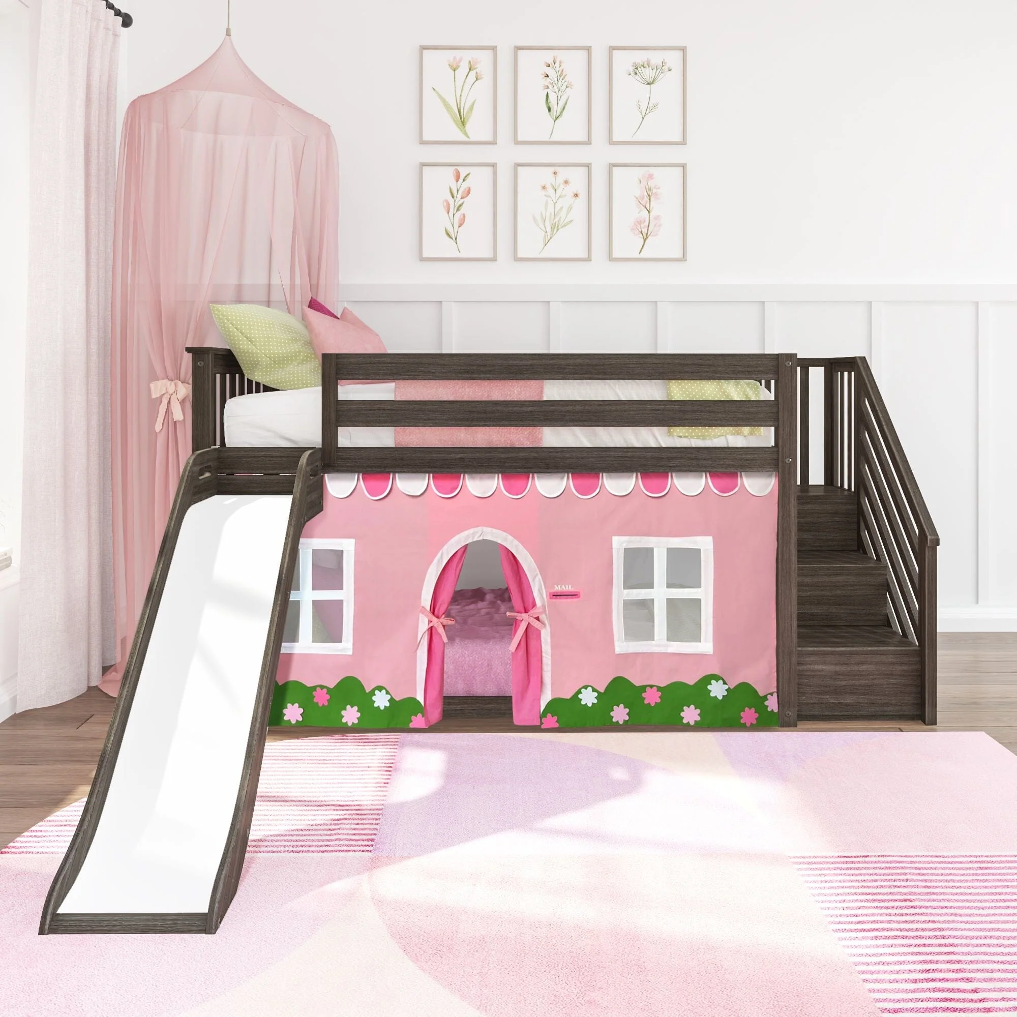 Twin Over Twin Low Bunk Bed with Stairs, Slide, & Pink & White Farmhouse Curtain - Image 4
