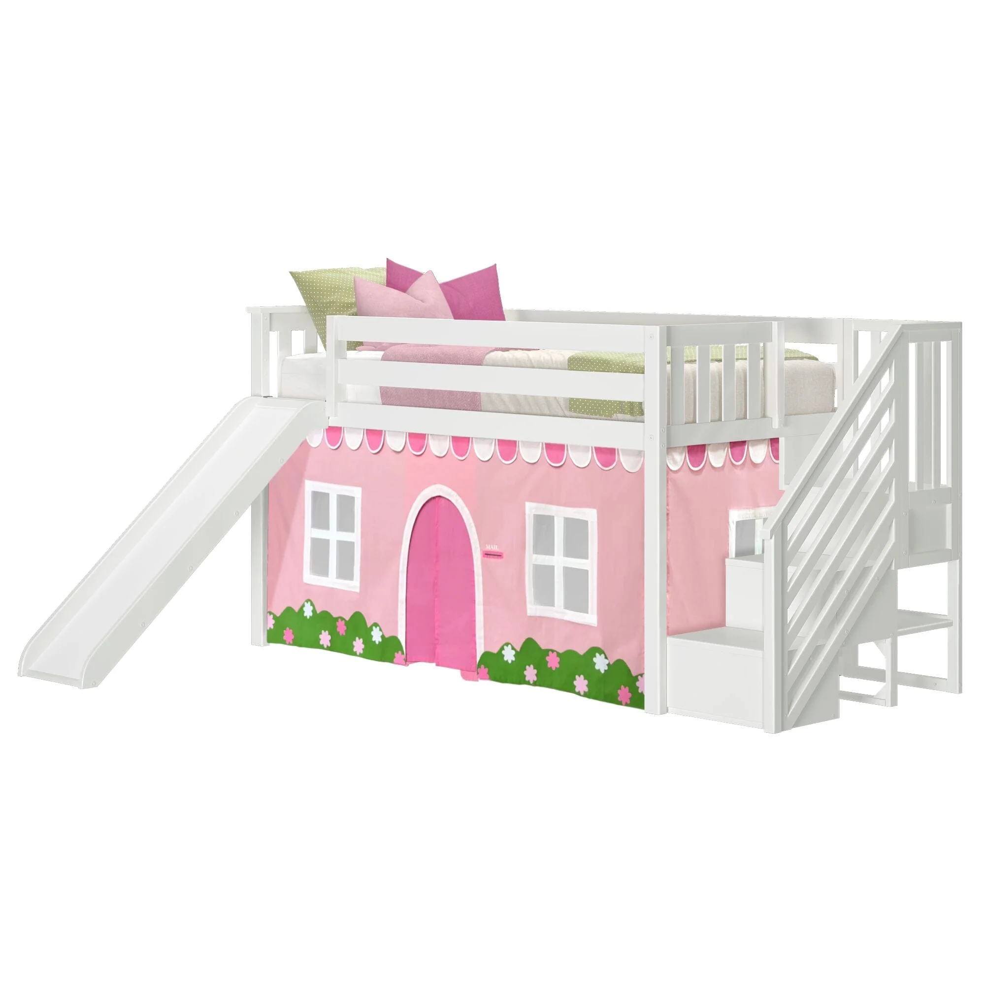 Twin Over Twin Low Bunk Bed with Stairs, Slide, & Pink & White Farmhouse Curtain - Image 5