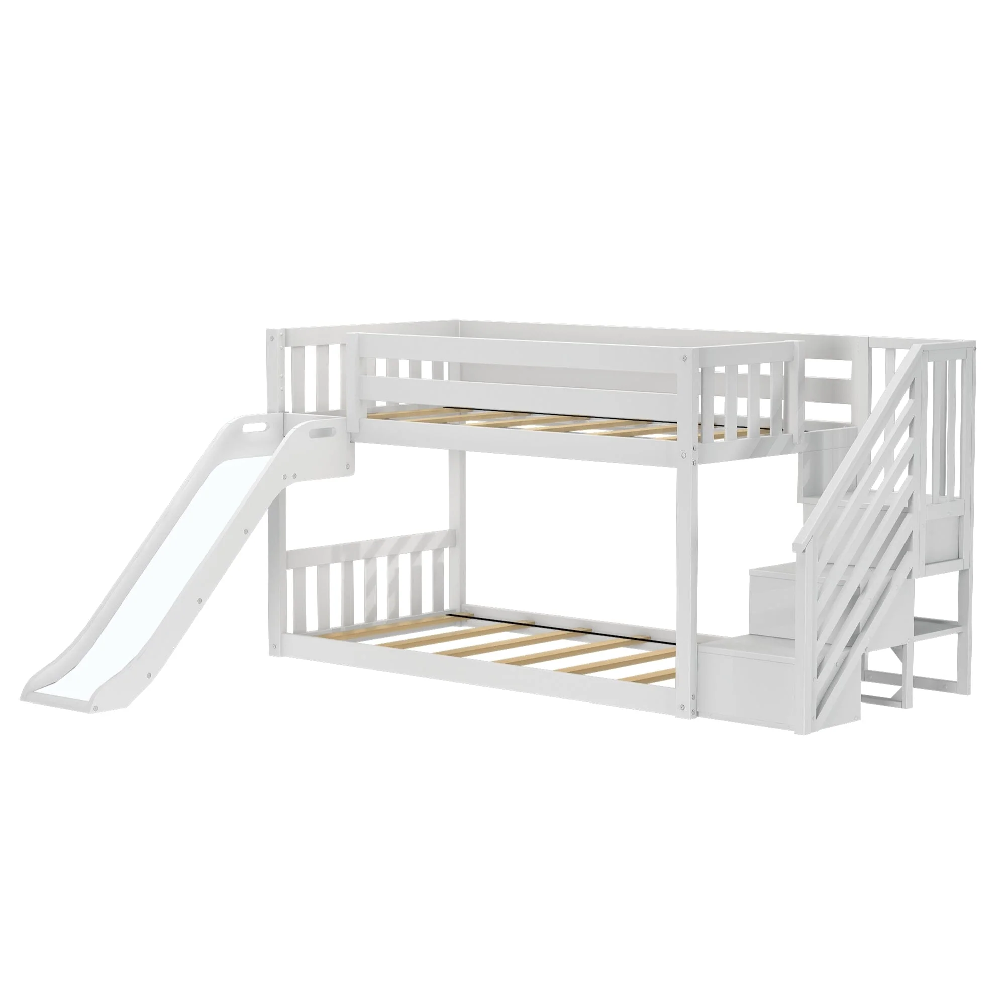 Twin Over Twin Low Bunk Bed with Stairs, Slide, & Pink & White Farmhouse Curtain - Image 7