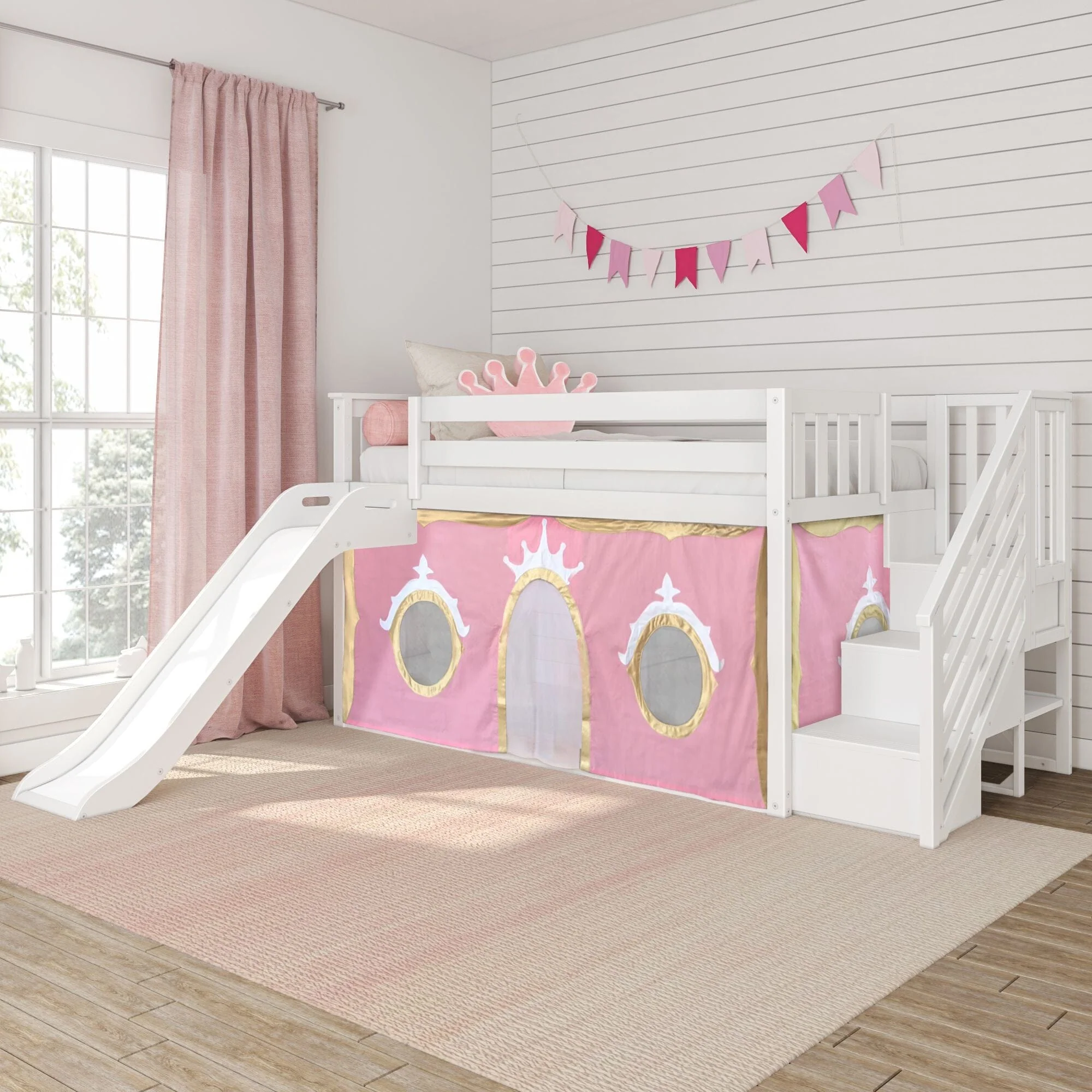 Twin Over Twin Low Bunk Bed with Stairs, Slide, & Princess Curtain - Image 2