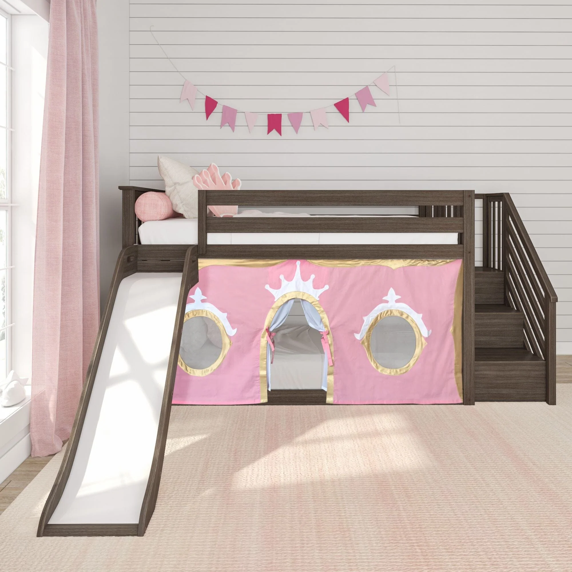 Twin Over Twin Low Bunk Bed with Stairs, Slide, & Princess Curtain - Image 3