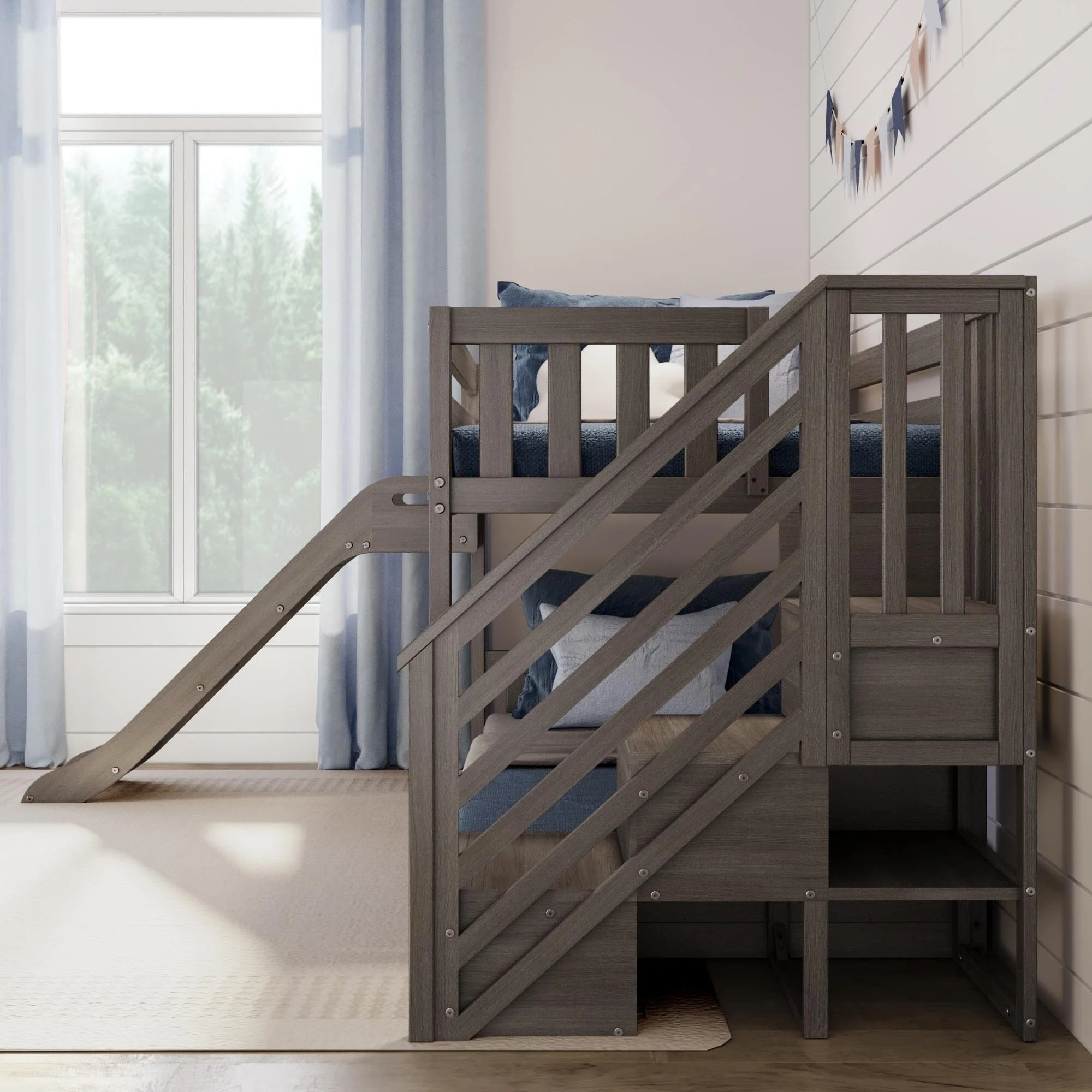 Twin Over Twin Low Bunk Bed With Slide & Stairs - Image 17
