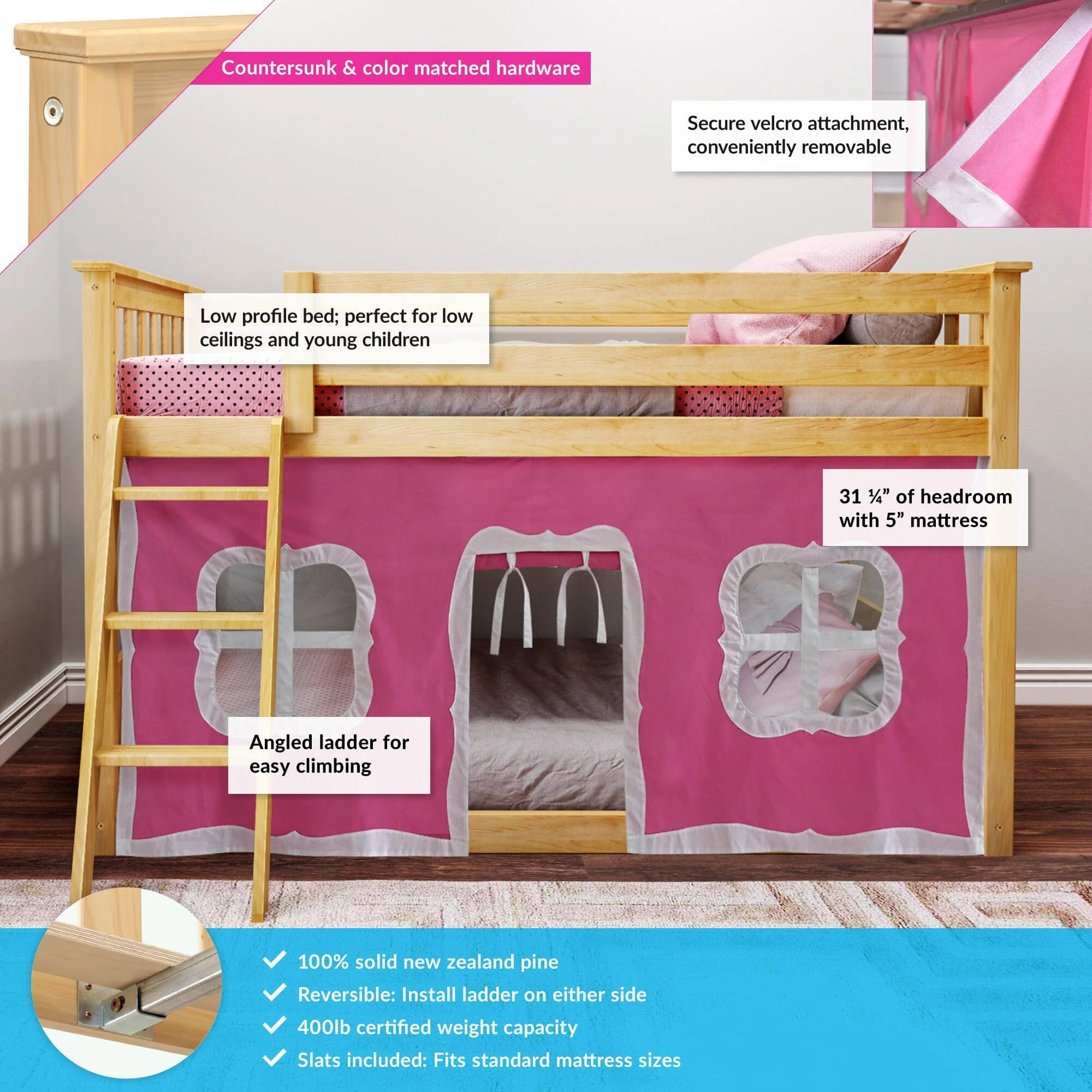 Twin Over Twin Low Bunk Bed With Curtain - Image 17