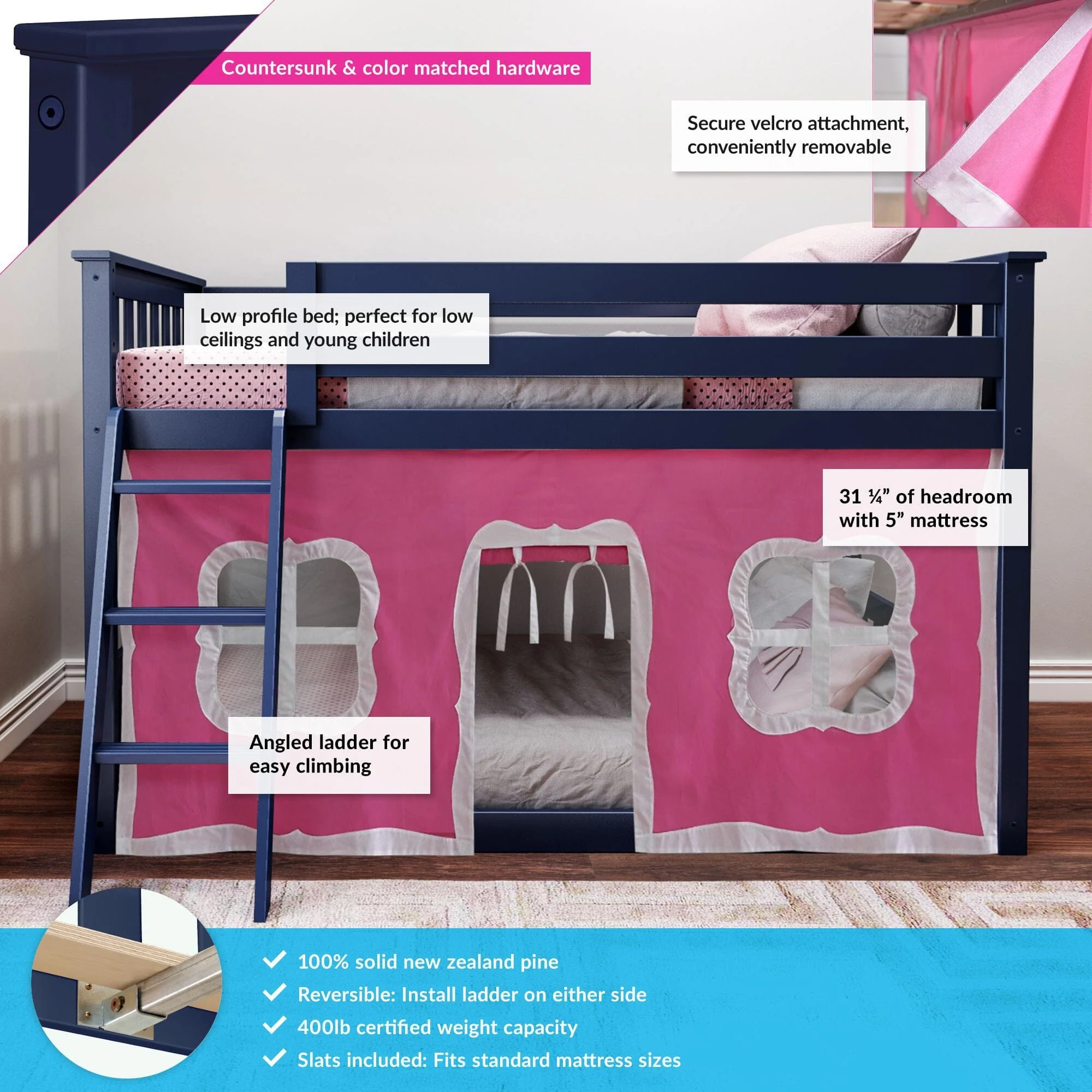 Twin Over Twin Low Bunk Bed With Curtain - Image 19