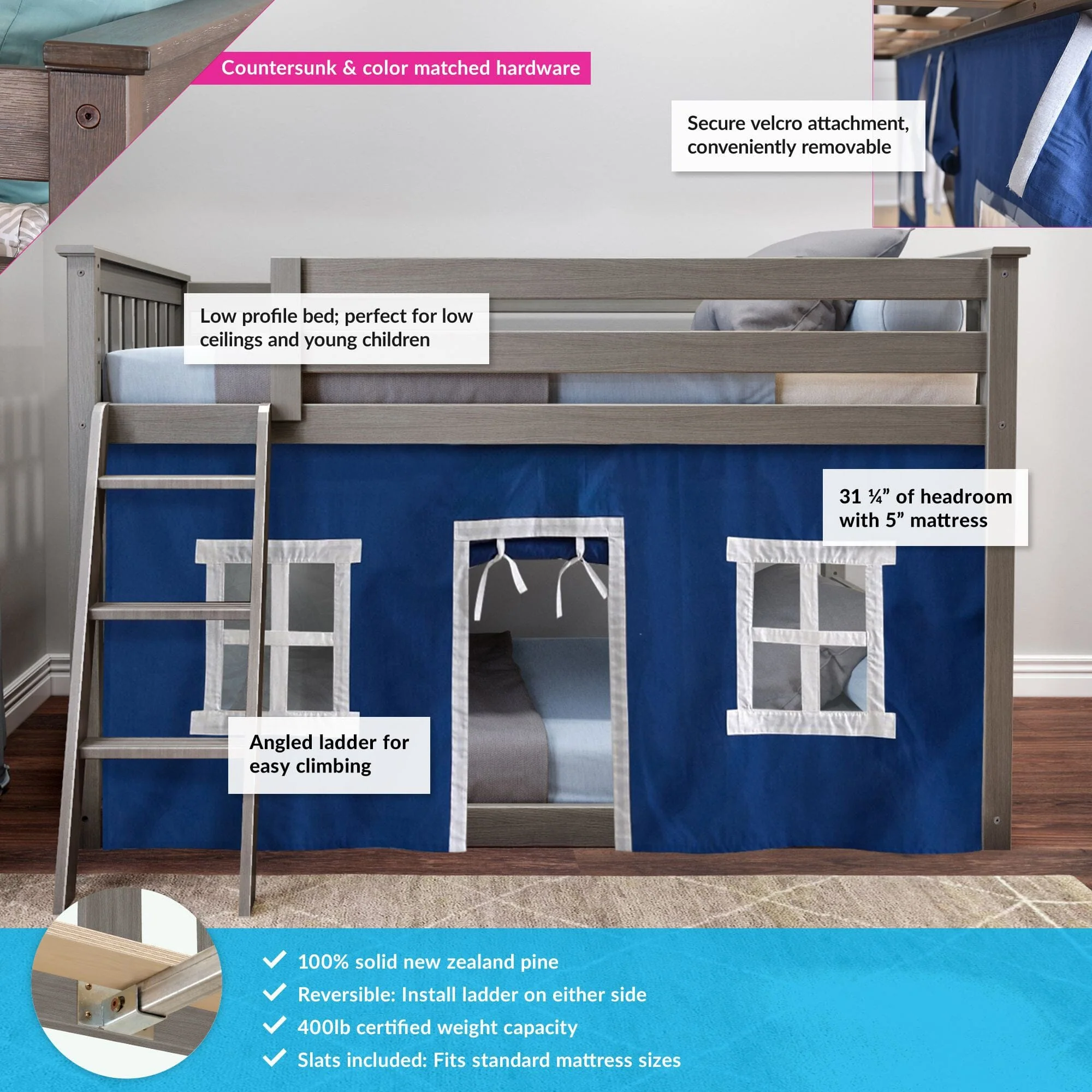 Twin Over Twin Low Bunk Bed With Curtain - Image 20
