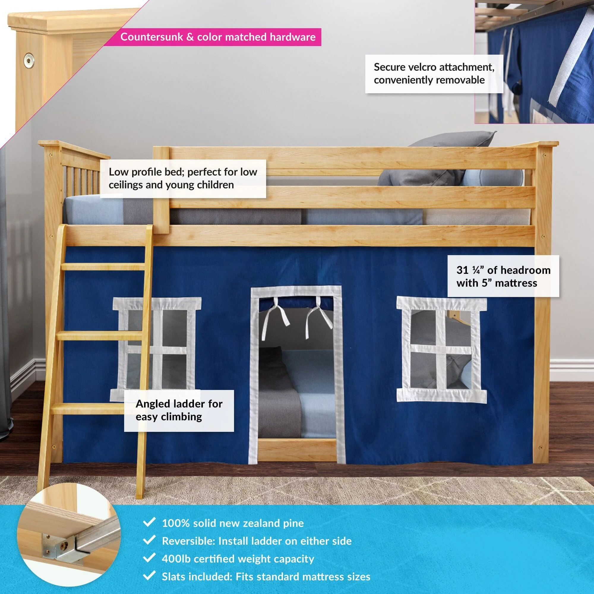 Twin Over Twin Low Bunk Bed With Curtain - Image 21