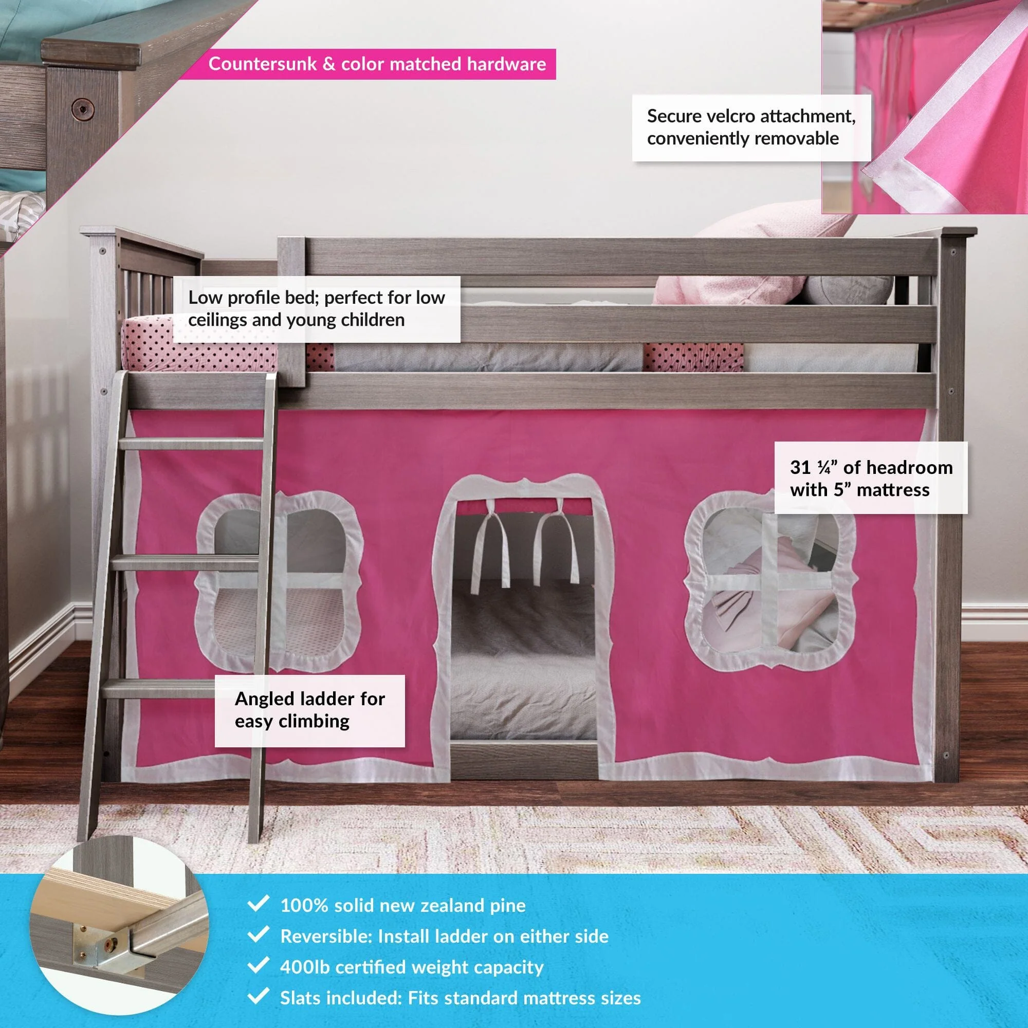 Twin Over Twin Low Bunk Bed With Curtain - Image 22