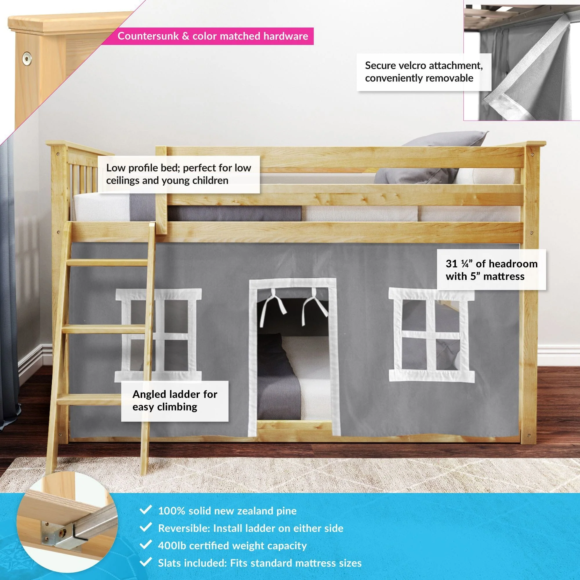 Twin Over Twin Low Bunk Bed With Curtain - Image 26
