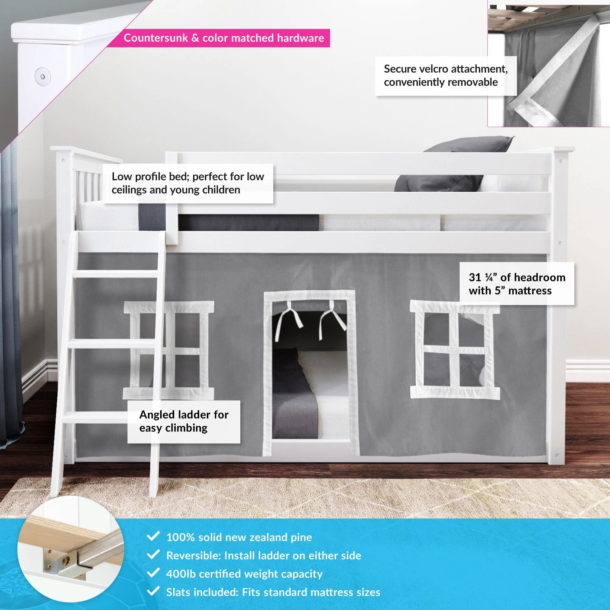 Twin Over Twin Low Bunk Bed With Curtain - Image 27