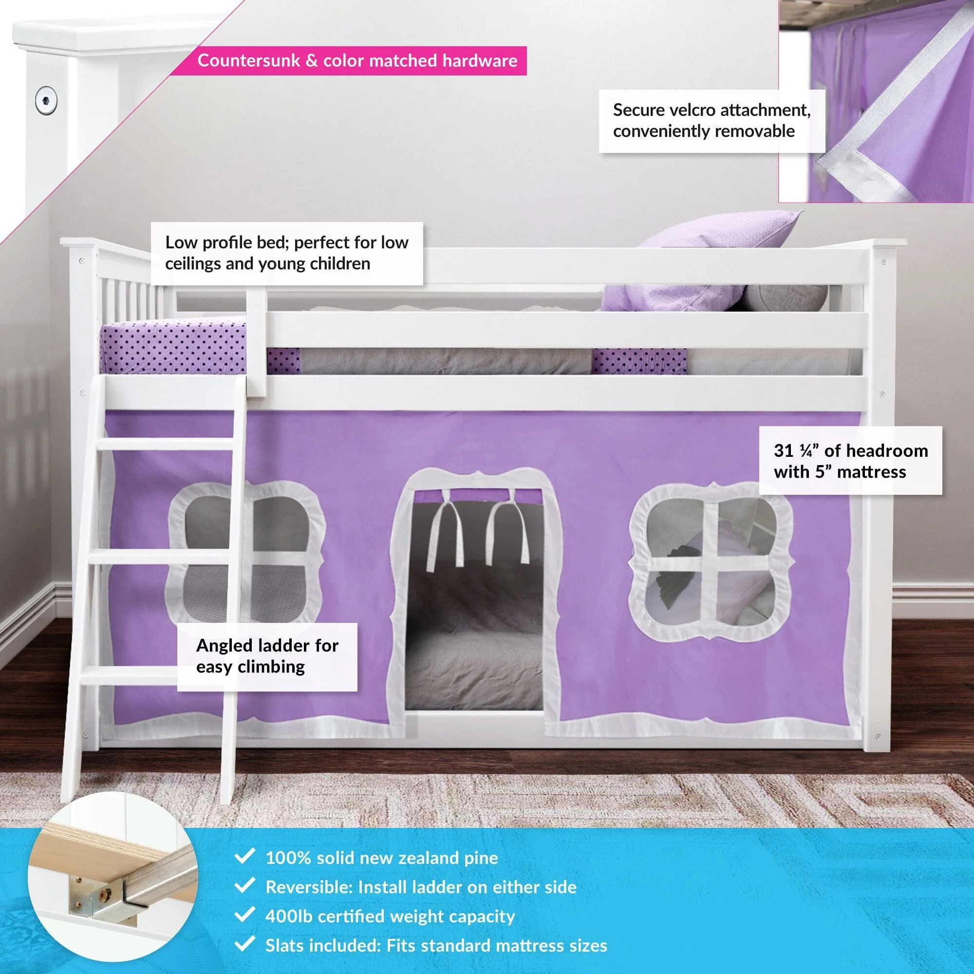 Twin Over Twin Low Bunk Bed With Curtain - Image 28