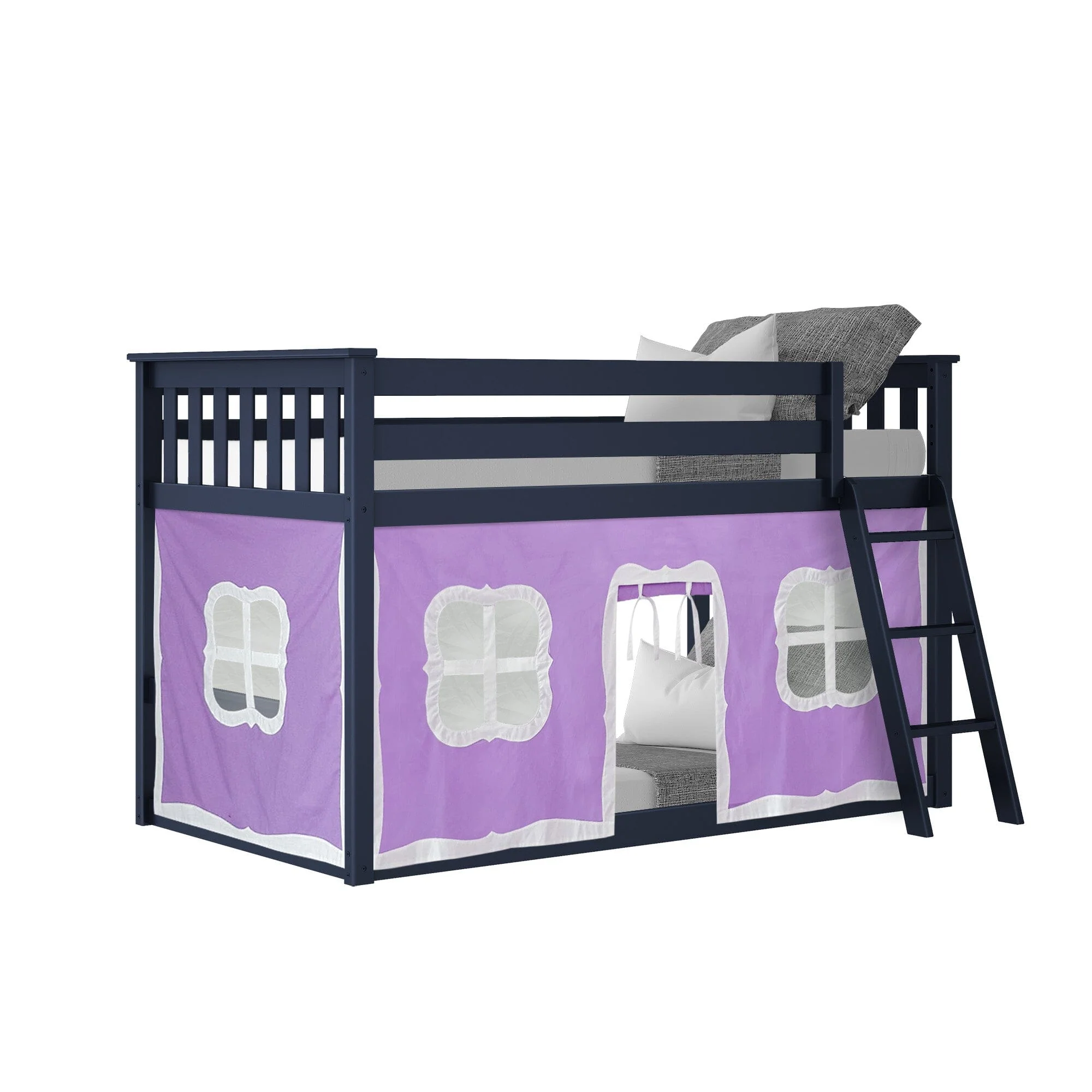 Twin Over Twin Low Bunk Bed With Curtain - Image 46