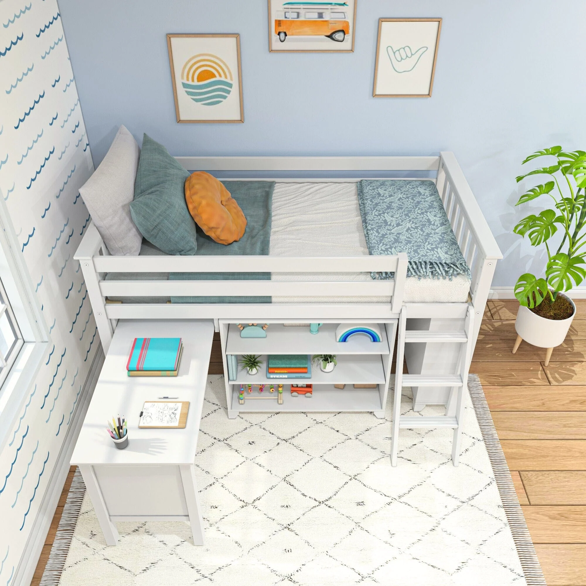 Twin Low Loft Bed With Desk & Bookcases - Image 11