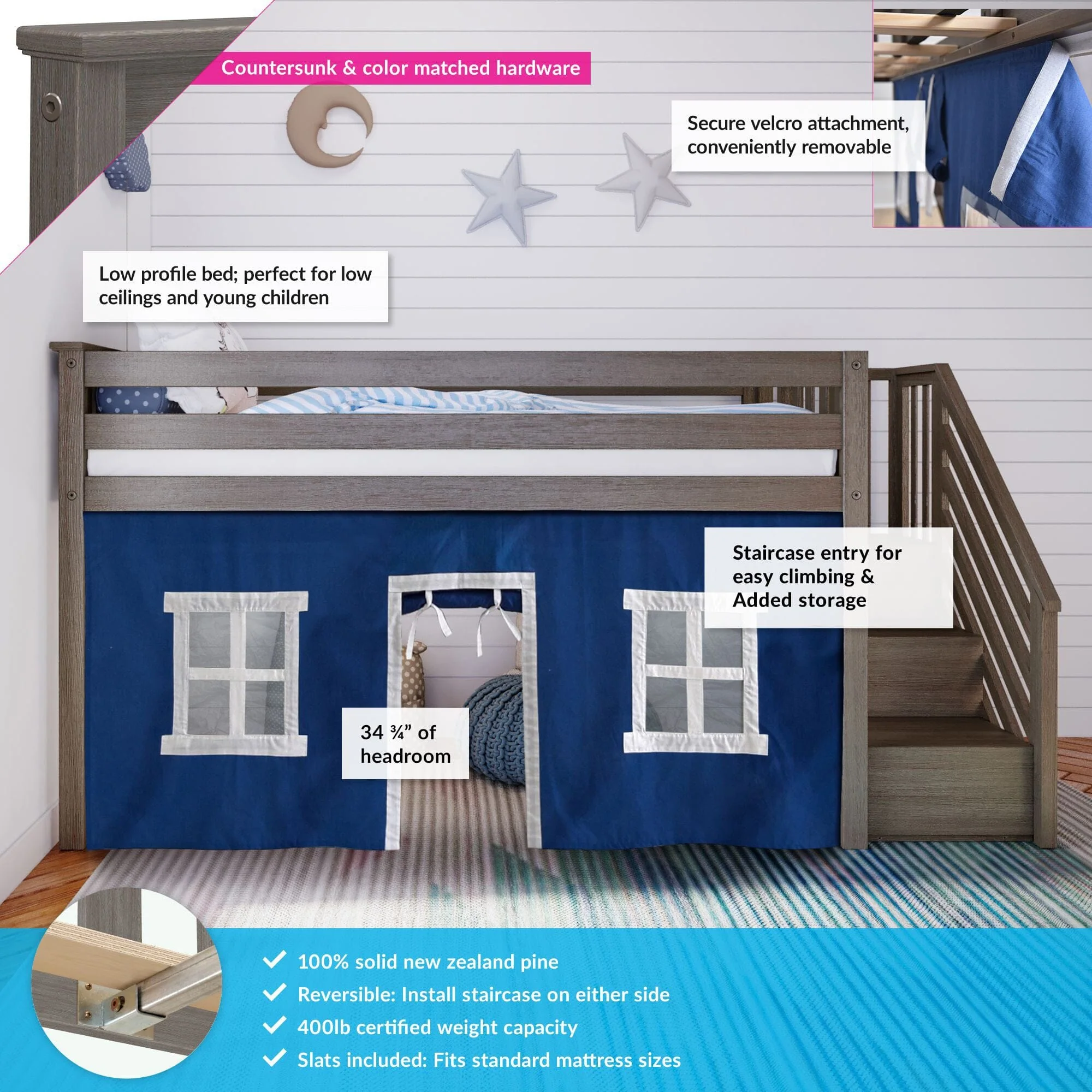 Twin-Size Low Loft with Stairs + Curtain - Image 10
