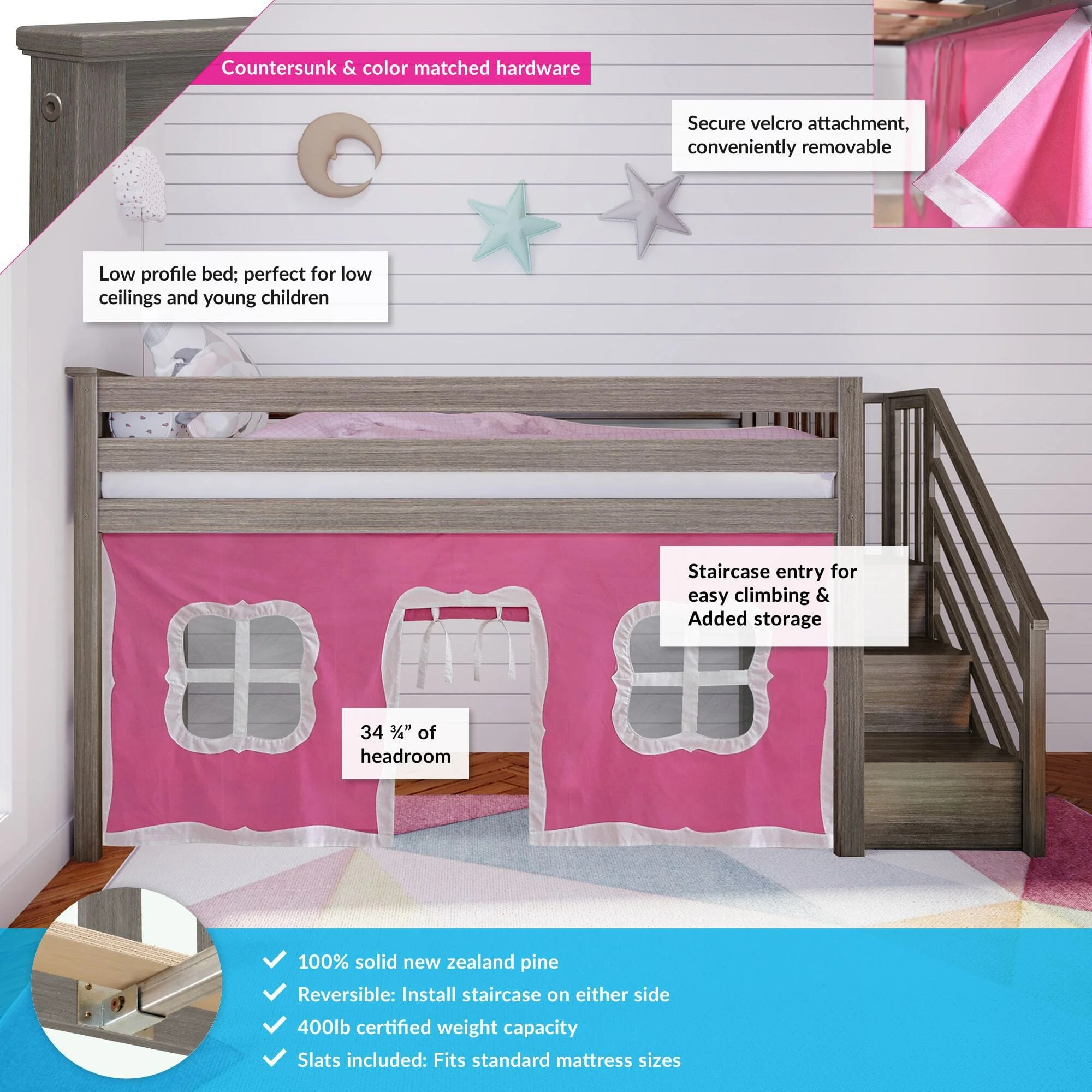 Twin-Size Low Loft with Stairs + Curtain - Image 12