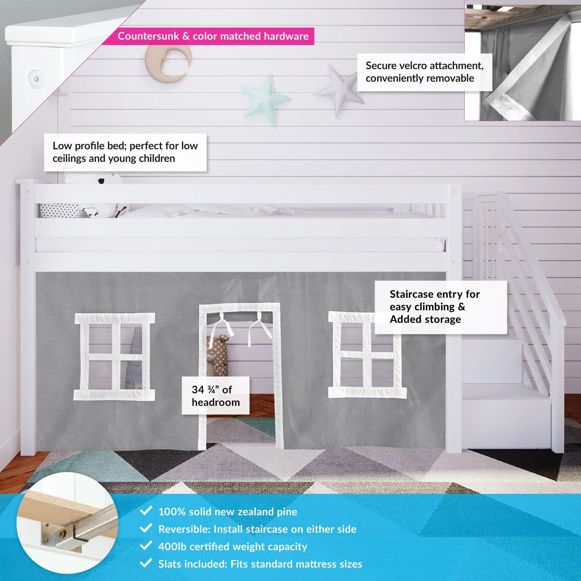 Twin-Size Low Loft with Stairs + Curtain - Image 13